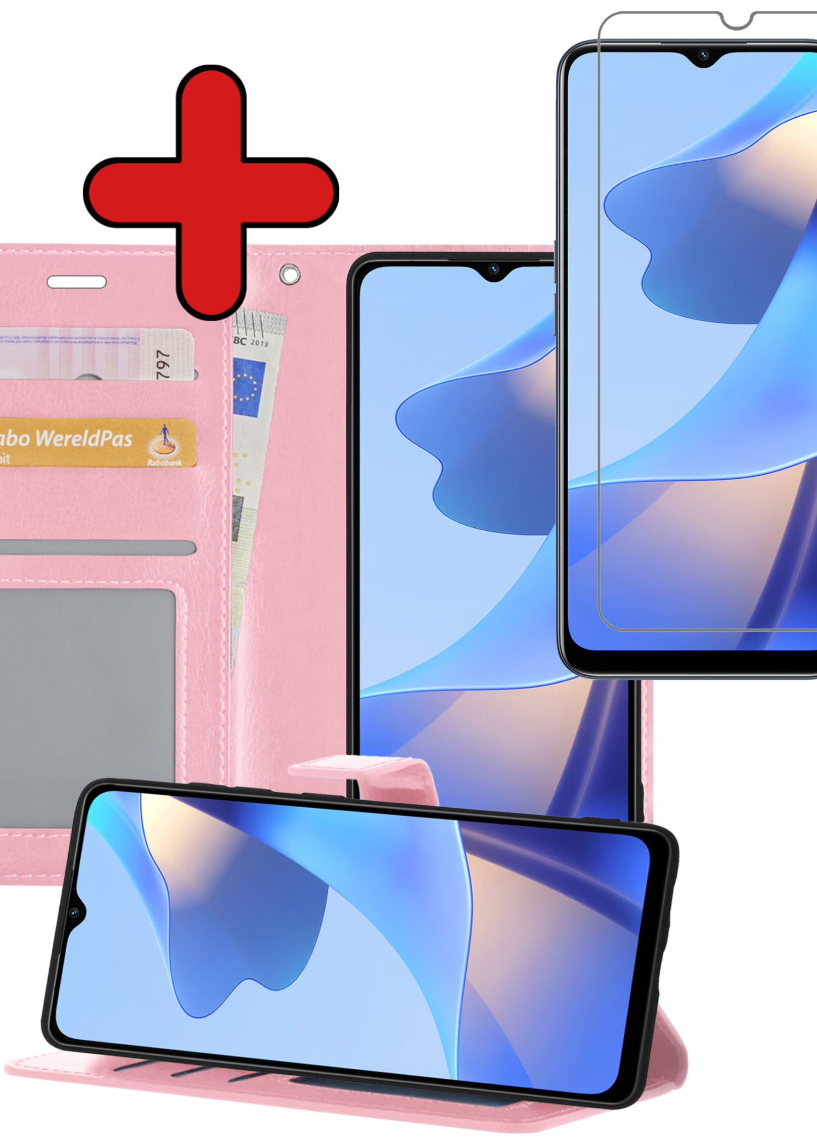 BTH Hoesje Geschikt voor OPPO A16s Hoesje Book Case Hoes Portemonnee Cover Walletcase Met Screenprotector - Hoes Geschikt voor OPPO A16s Hoes Bookcase Hoesje - Lichtroze