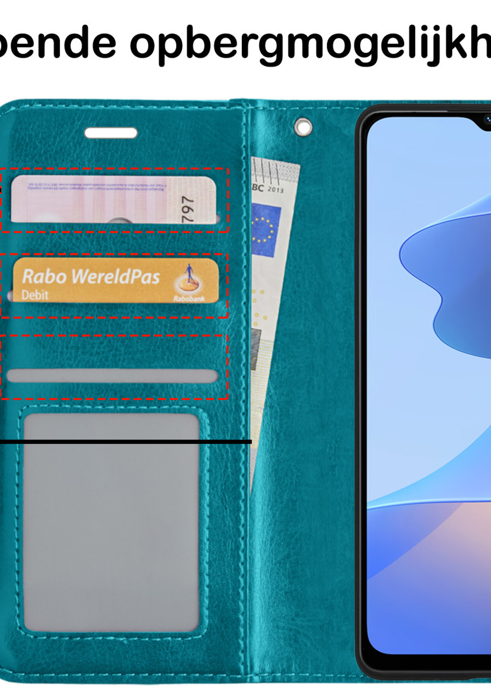 BTH Hoesje Geschikt voor OPPO A16s Hoesje Book Case Hoes Portemonnee Cover Walletcase Met 2x Screenprotector - Hoes Geschikt voor OPPO A16s Hoes Bookcase Hoesje - Turquoise