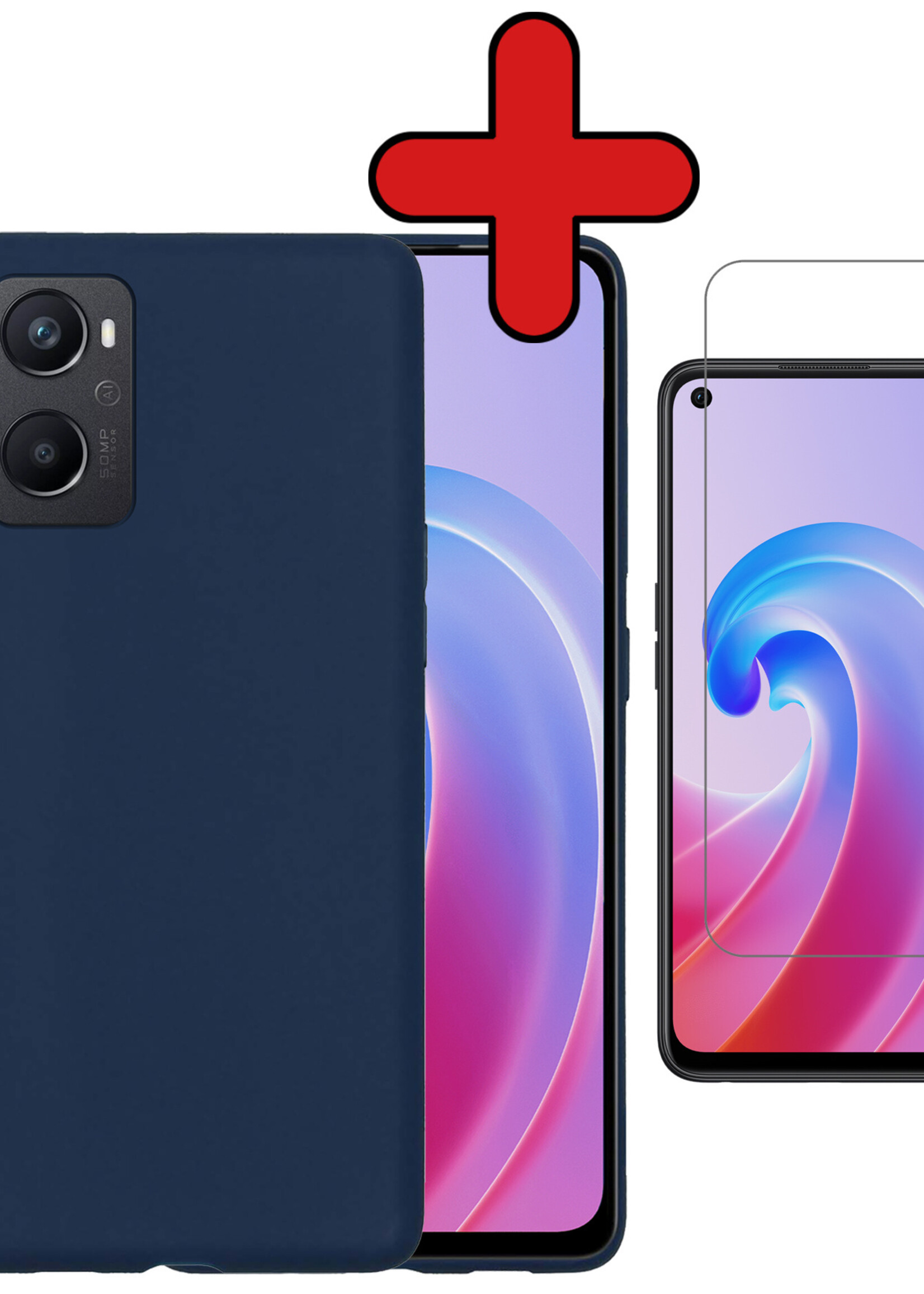 BTH Hoesje Geschikt voor OPPO A96 Hoesje Siliconen Case Hoes Met Screenprotector - Hoes Geschikt voor OPPO A96 Hoes Cover Case - Donkerblauw