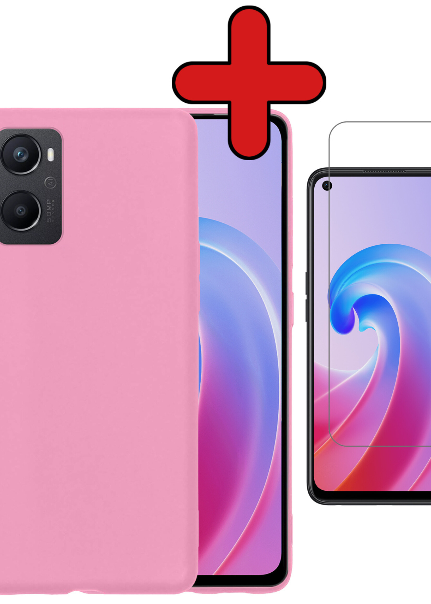 BTH Hoesje Geschikt voor OPPO A96 Hoesje Siliconen Case Hoes Met Screenprotector - Hoes Geschikt voor OPPO A96 Hoes Cover Case - Lichtroze