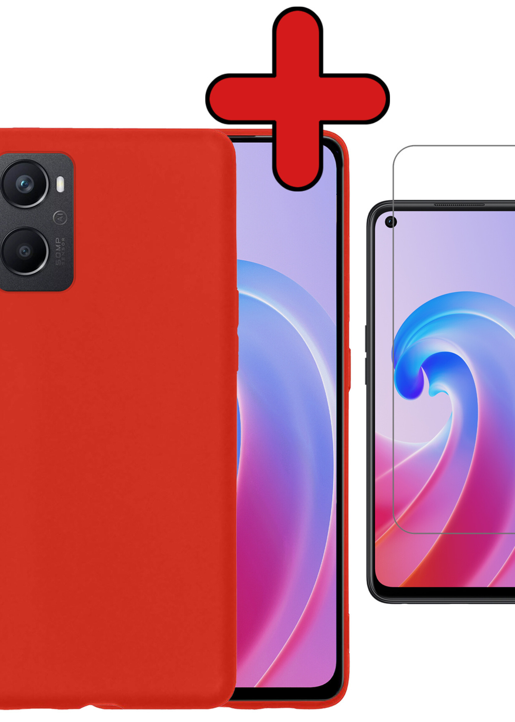 BTH Hoesje Geschikt voor OPPO A96 Hoesje Siliconen Case Hoes Met Screenprotector - Hoes Geschikt voor OPPO A96 Hoes Cover Case - Rood