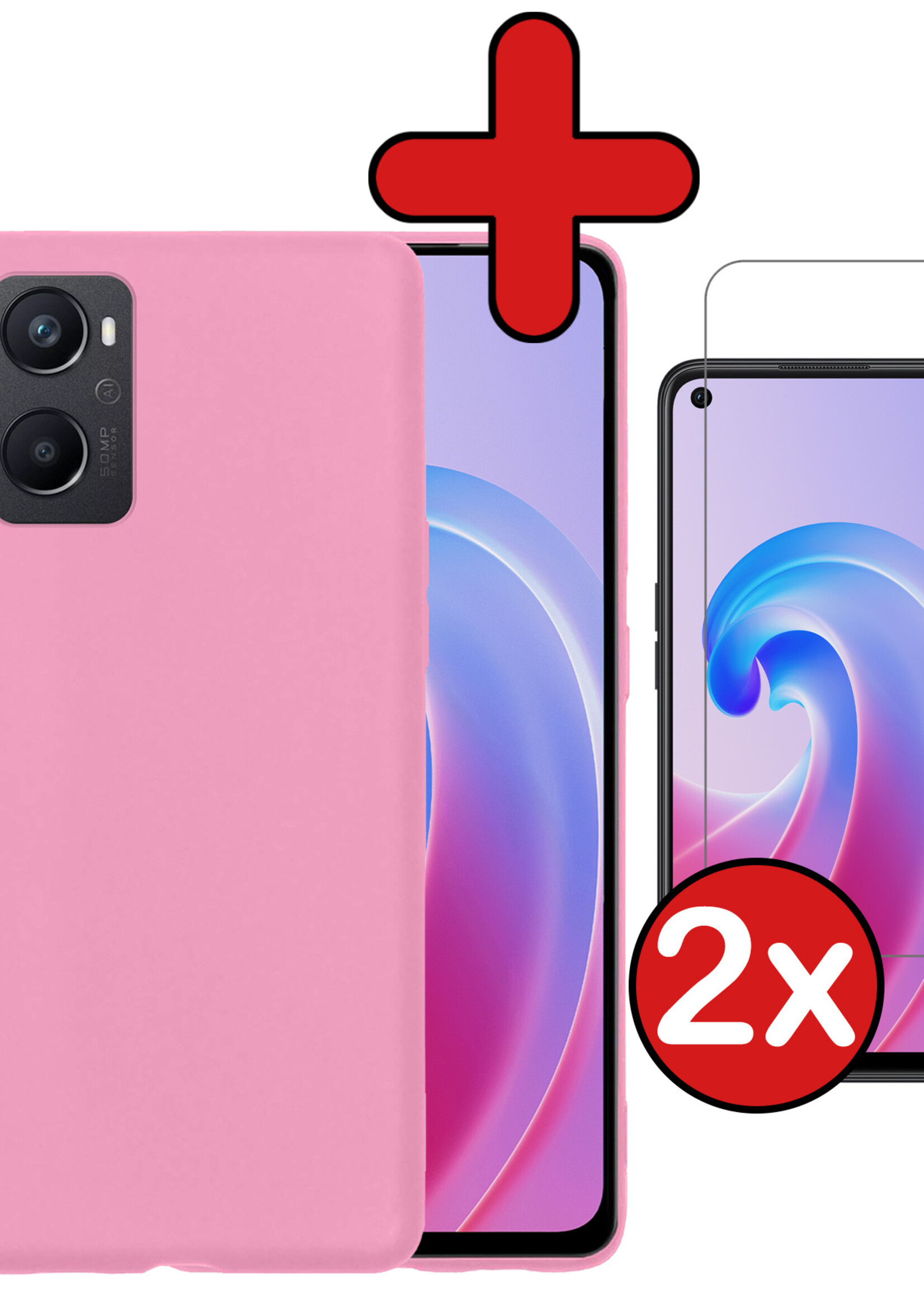 BTH Hoesje Geschikt voor OPPO A96 Hoesje Siliconen Case Hoes Met 2x Screenprotector - Hoes Geschikt voor OPPO A96 Hoes Cover Case - Lichtroze