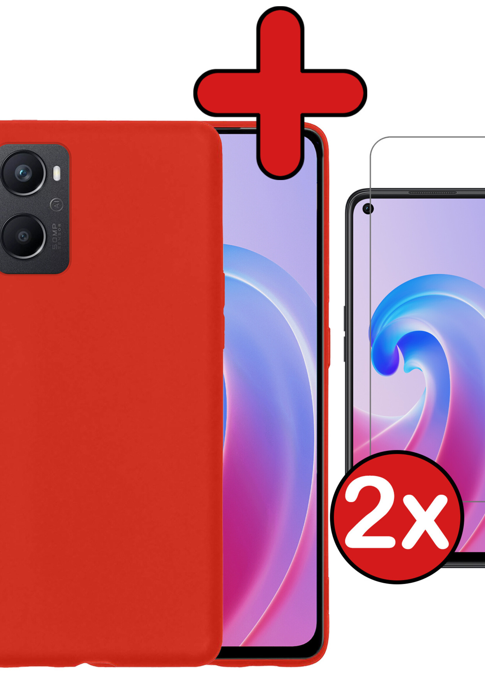 BTH Hoesje Geschikt voor OPPO A96 Hoesje Siliconen Case Hoes Met 2x Screenprotector - Hoes Geschikt voor OPPO A96 Hoes Cover Case - Rood