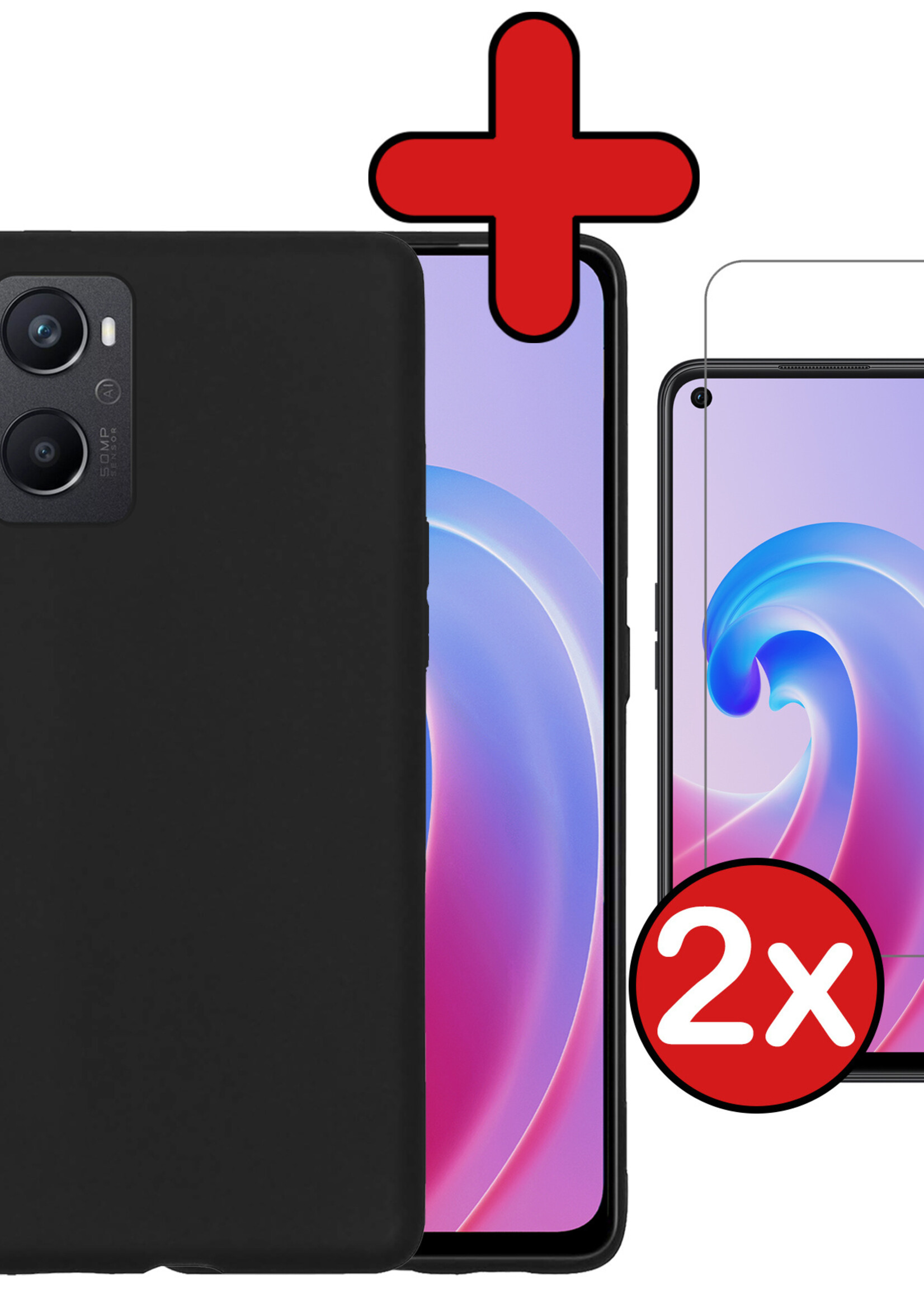 BTH Hoesje Geschikt voor OPPO A96 Hoesje Siliconen Case Hoes Met 2x Screenprotector - Hoes Geschikt voor OPPO A96 Hoes Cover Case - Zwart
