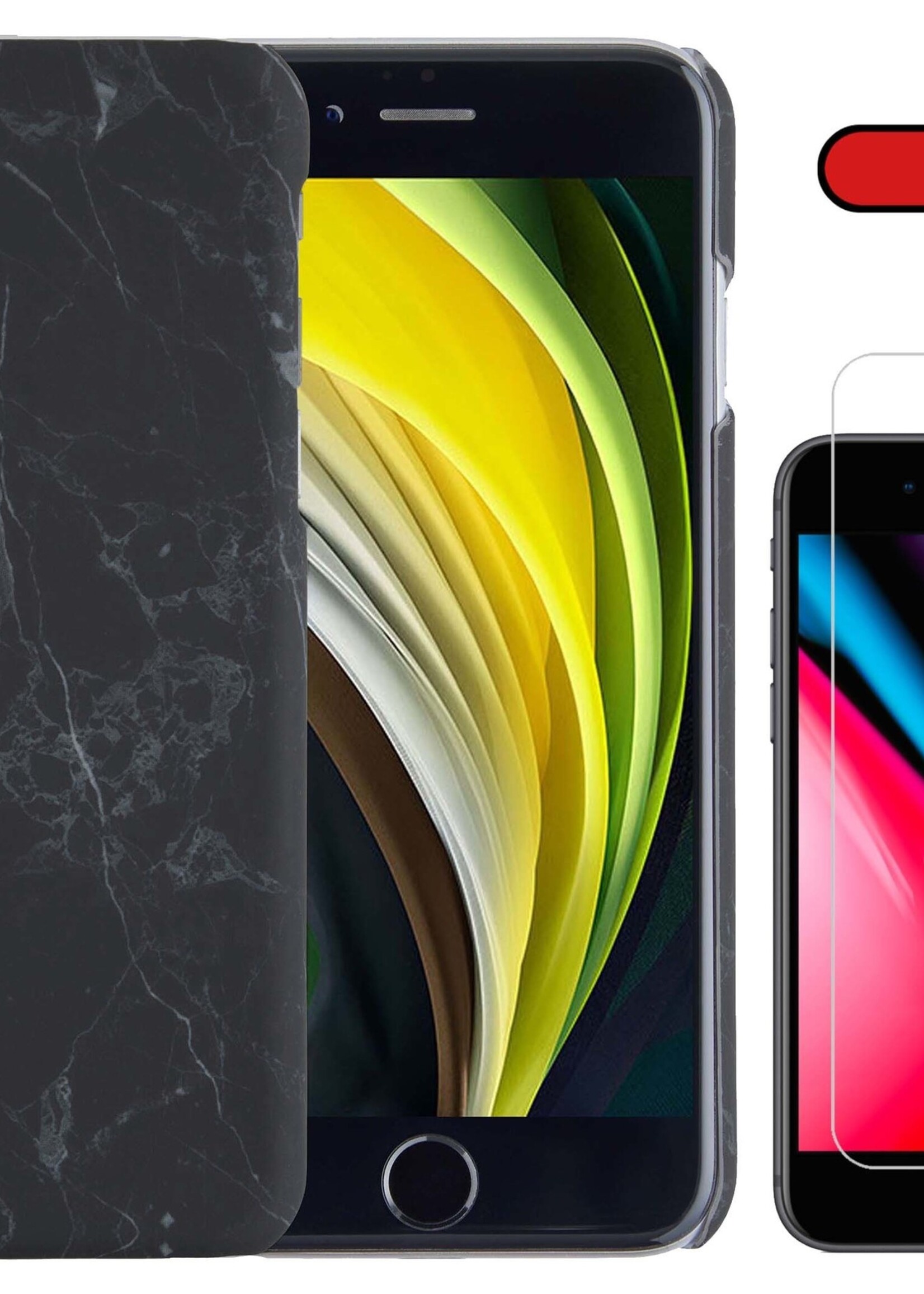 BTH Hoesje Geschikt voor iPhone SE 2022 Hoesje Marmer Hardcover Fashion Case Hoes Met Screenprotector - Hoes Geschikt voor iPhone SE (2022) Marmer Hoesje Hardcase Back Cover - Zwart
