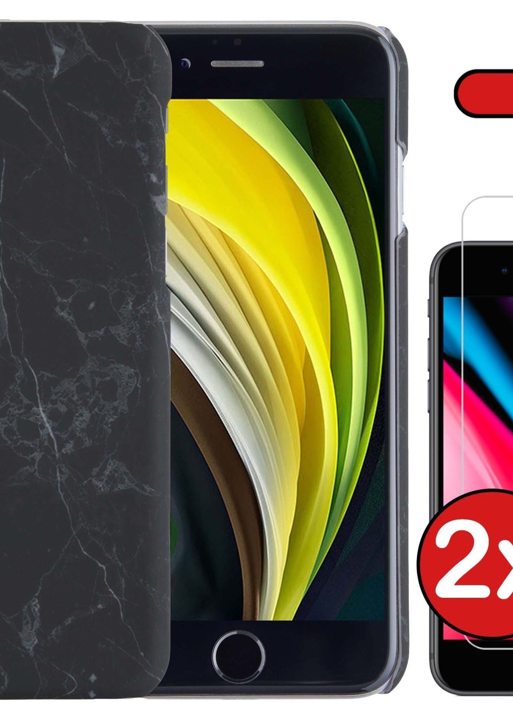BTH Hoesje Geschikt voor iPhone SE 2022 Hoesje Marmer Hardcover Fashion Case Hoes Met 2x Screenprotector - Hoes Geschikt voor iPhone SE (2022) Marmer Hoesje Hardcase Back Cover - Zwart