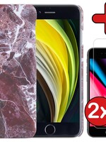 BTH BTH iPhone SE 2022 Hoesje Marmer Met 2x Screenprotector - Rood - 2 PACK