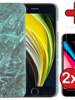 BTH BTH iPhone SE 2022 Hoesje Marmer Met 2x Screenprotector - Groen - 2 PACK