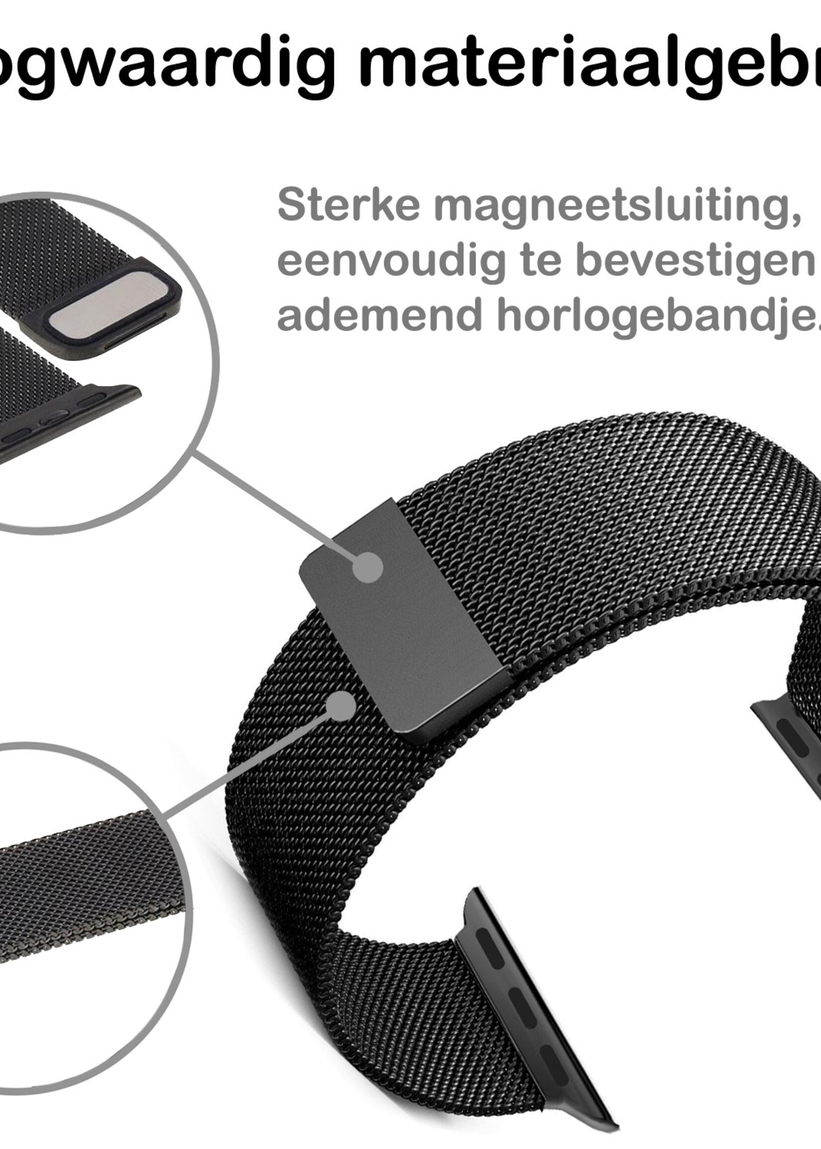BTH Milanese Horlogeband Geschikt voor Apple Watch 8 45 mm Bandje Milanees - Polsbandje Met Magneetsluiting Geschikt voor Apple Watch 8 45 mm Bandje Milanees - Zwart & Goud