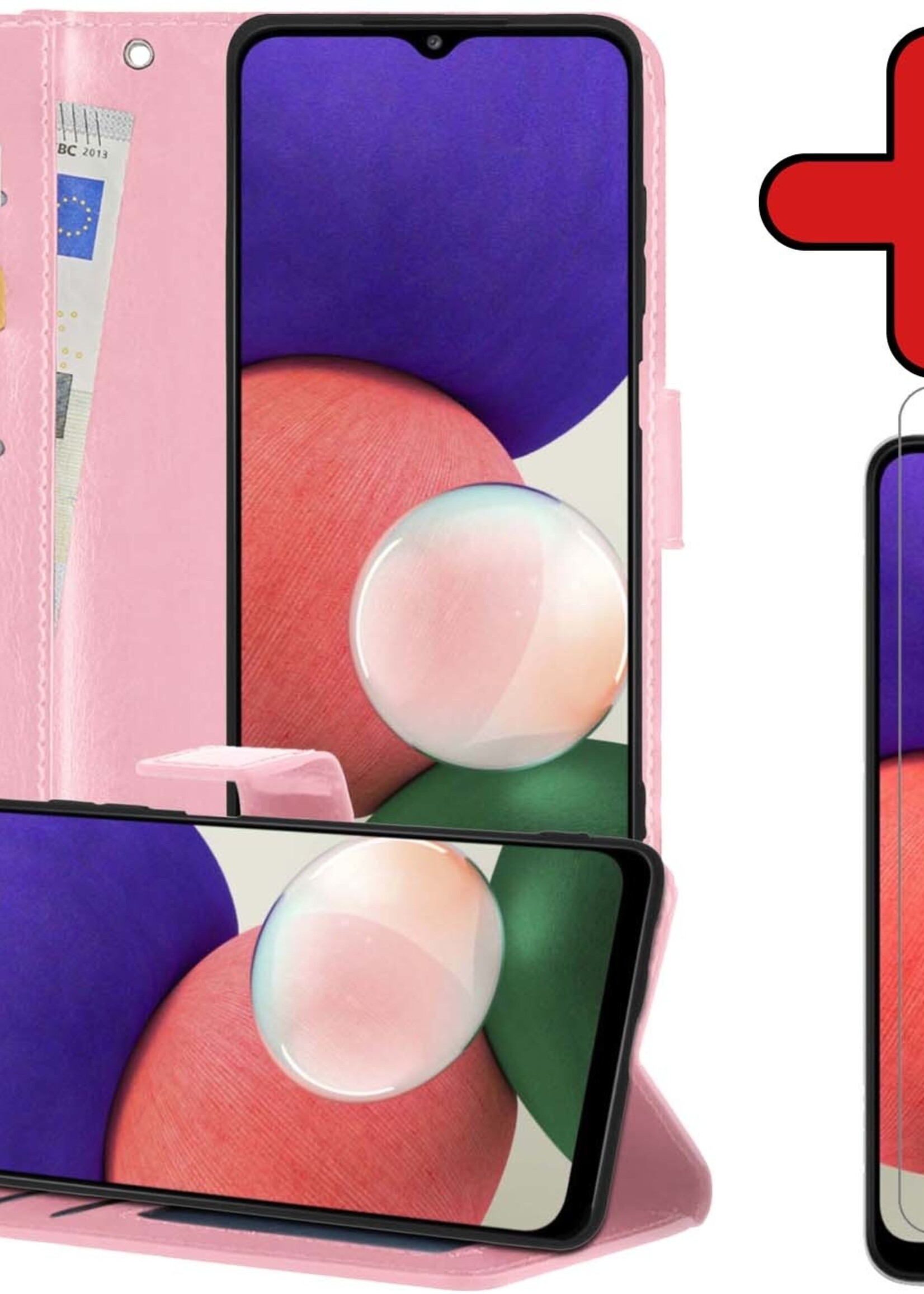 BTH Hoesje Geschikt voor Samsung M22 Hoesje Book Case Hoes Portemonnee Cover Walletcase Met Screenprotector - Hoes Geschikt voor Samsung Galaxy M22 Hoes Bookcase Hoesje - Lichtroze