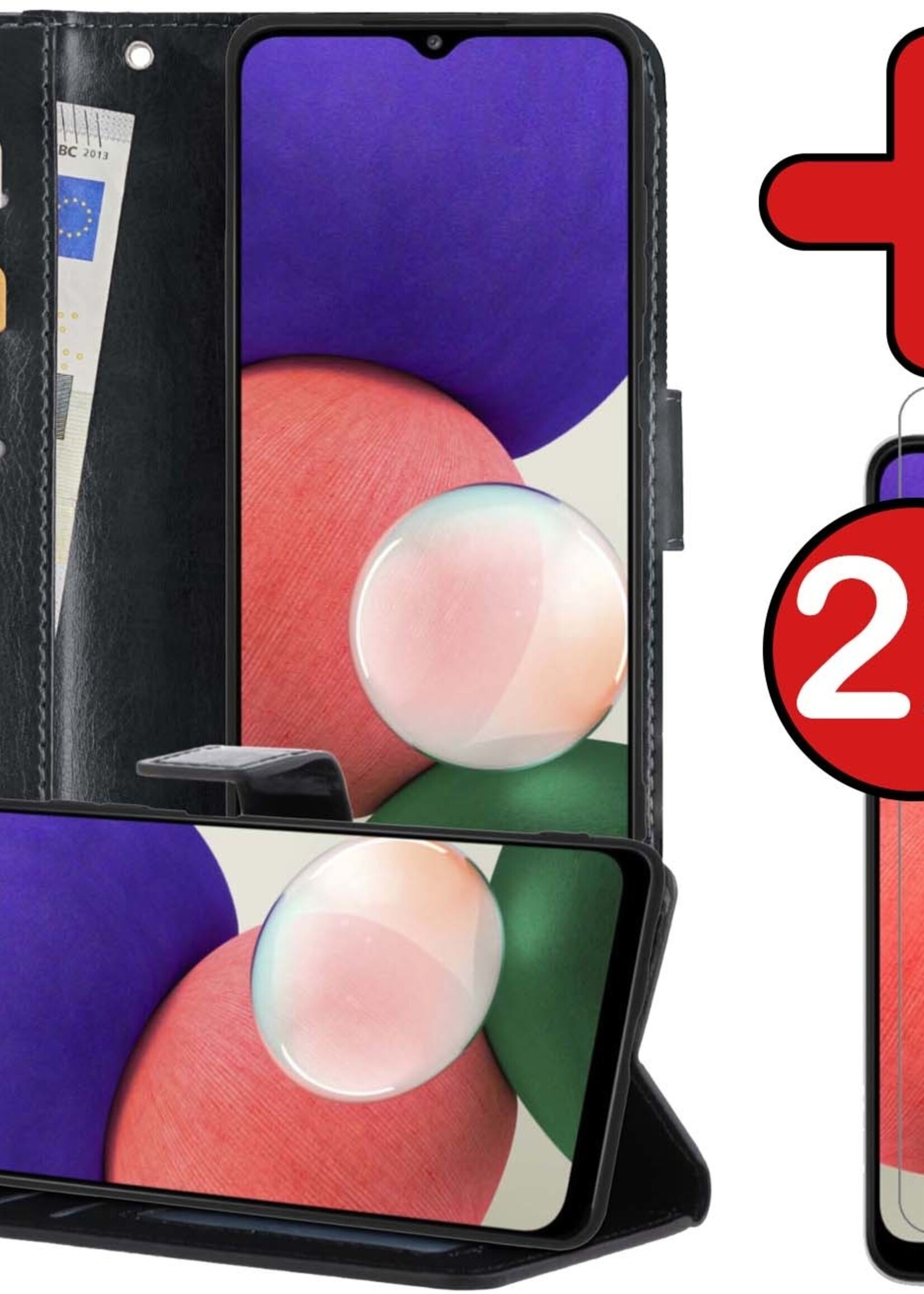 BTH Hoesje Geschikt voor Samsung M22 Hoesje Book Case Hoes Portemonnee Cover Walletcase Met 2x Screenprotector - Hoes Geschikt voor Samsung Galaxy M22 Hoes Bookcase Hoesje - Zwart