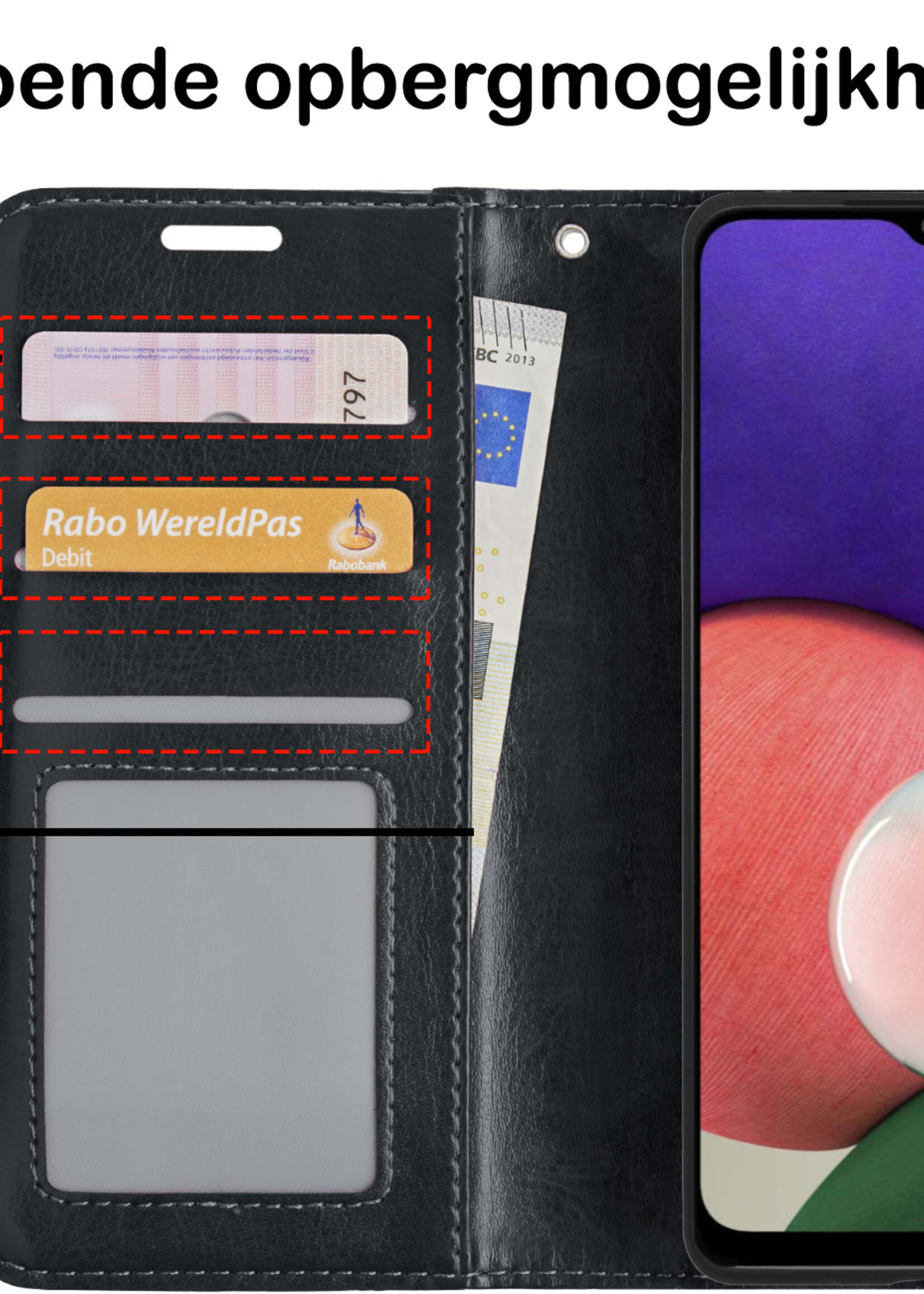 BTH Hoesje Geschikt voor Samsung M22 Hoesje Book Case Hoes Portemonnee Cover Walletcase Met 2x Screenprotector - Hoes Geschikt voor Samsung Galaxy M22 Hoes Bookcase Hoesje - Zwart