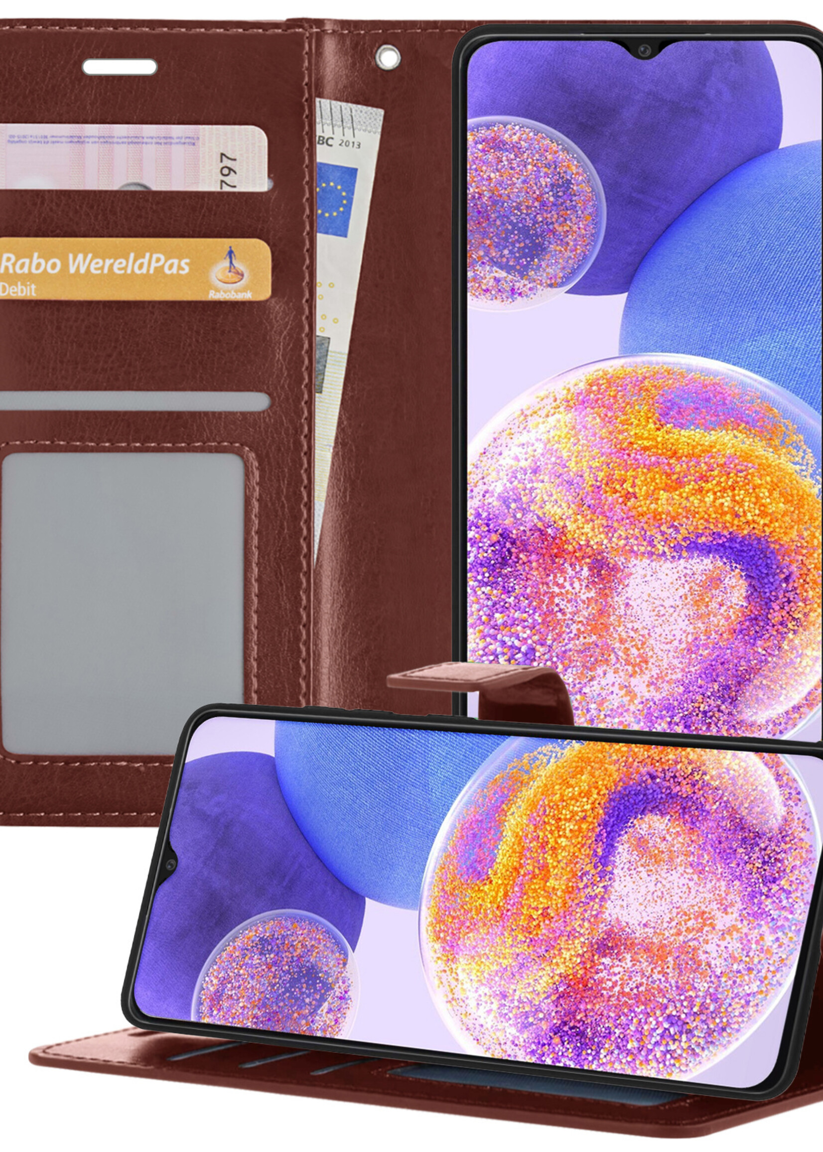 BTH Samsung A23 Hoesje Book Case Hoes Portemonnee Cover Walletcase - Samsung A23 Hoes Bookcase Hoesje - Bruin