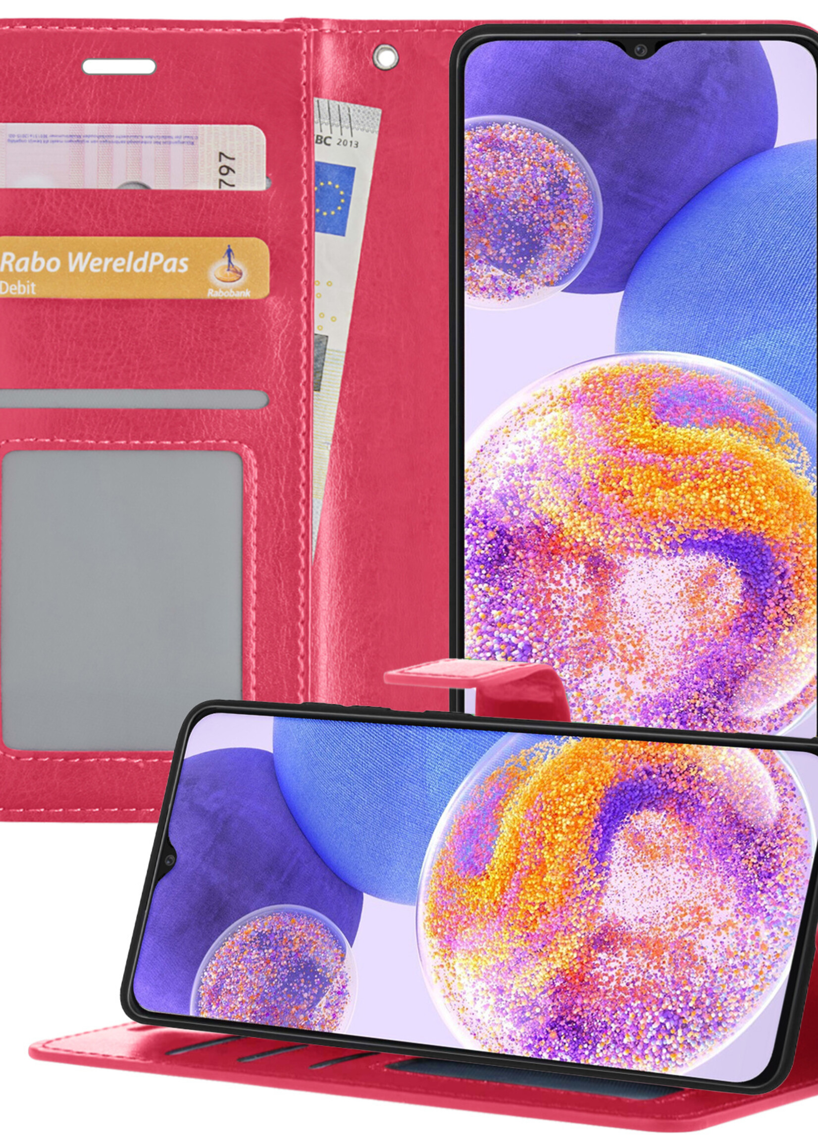 BTH Samsung A23 Hoesje Book Case Hoes Portemonnee Cover Walletcase - Samsung A23 Hoes Bookcase Hoesje - Donkerroze
