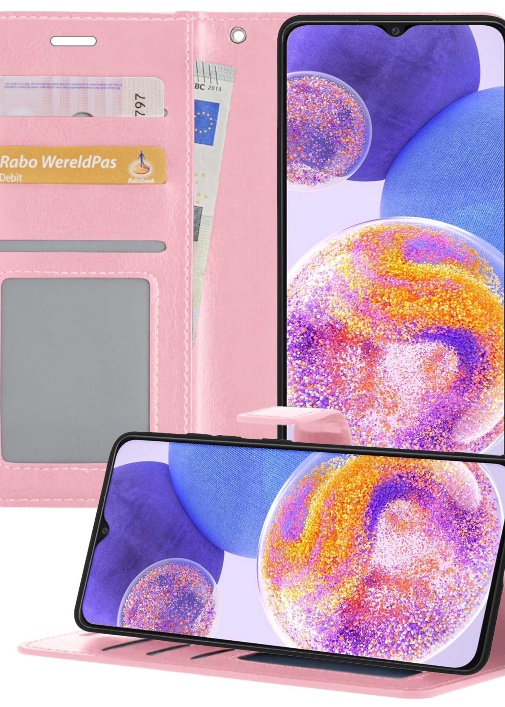 BTH Samsung A23 Hoesje Book Case Hoes Portemonnee Cover Walletcase - Samsung A23 Hoes Bookcase Hoesje - Lichtroze