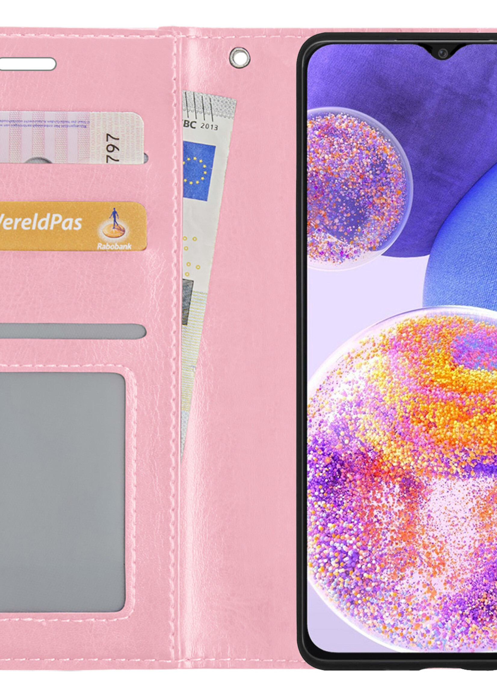 BTH Samsung A23 Hoesje Book Case Hoes Portemonnee Cover Walletcase - Samsung A23 Hoes Bookcase Hoesje - Lichtroze