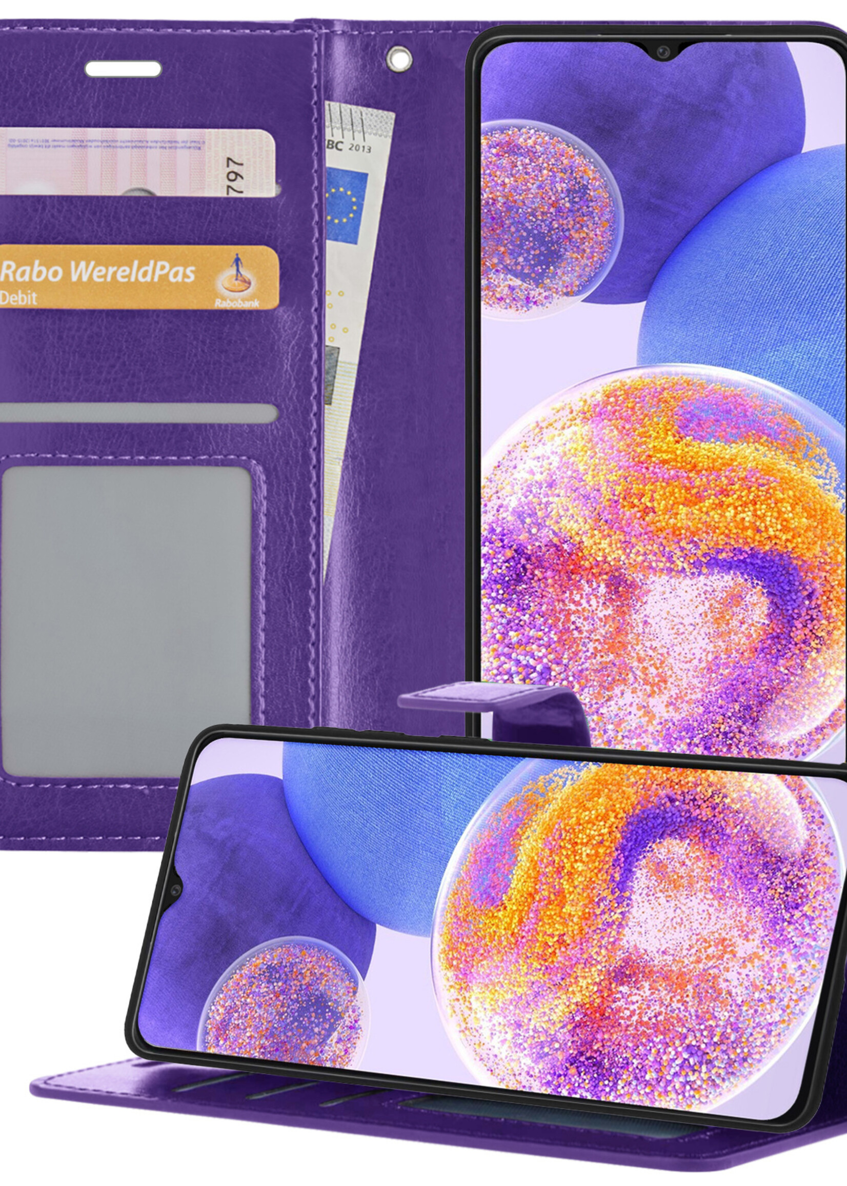 BTH Samsung A23 Hoesje Book Case Hoes Portemonnee Cover Walletcase - Samsung A23 Hoes Bookcase Hoesje - Paars