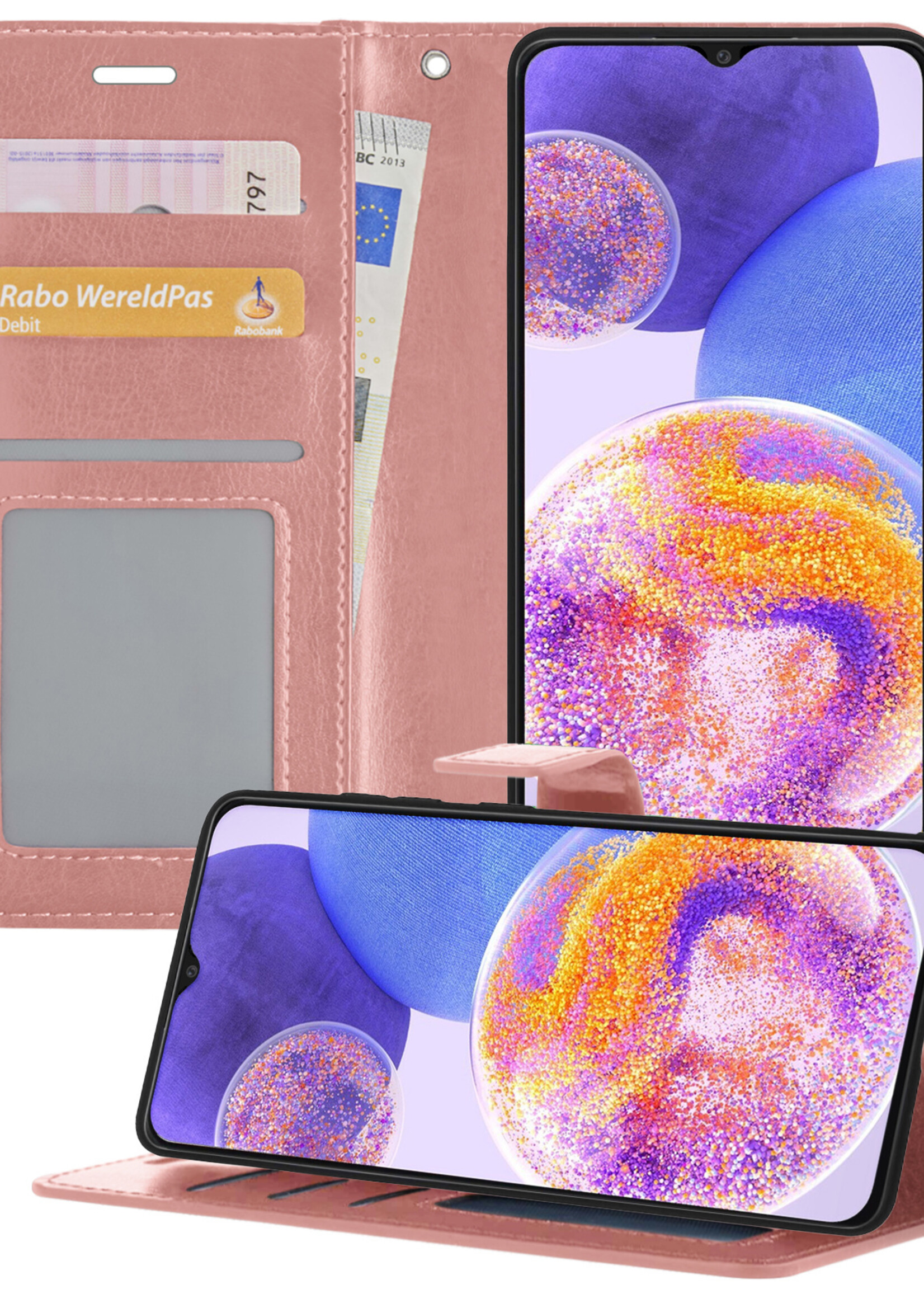 BTH Samsung A23 Hoesje Book Case Hoes Portemonnee Cover Walletcase - Samsung A23 Hoes Bookcase Hoesje - Rose Goud