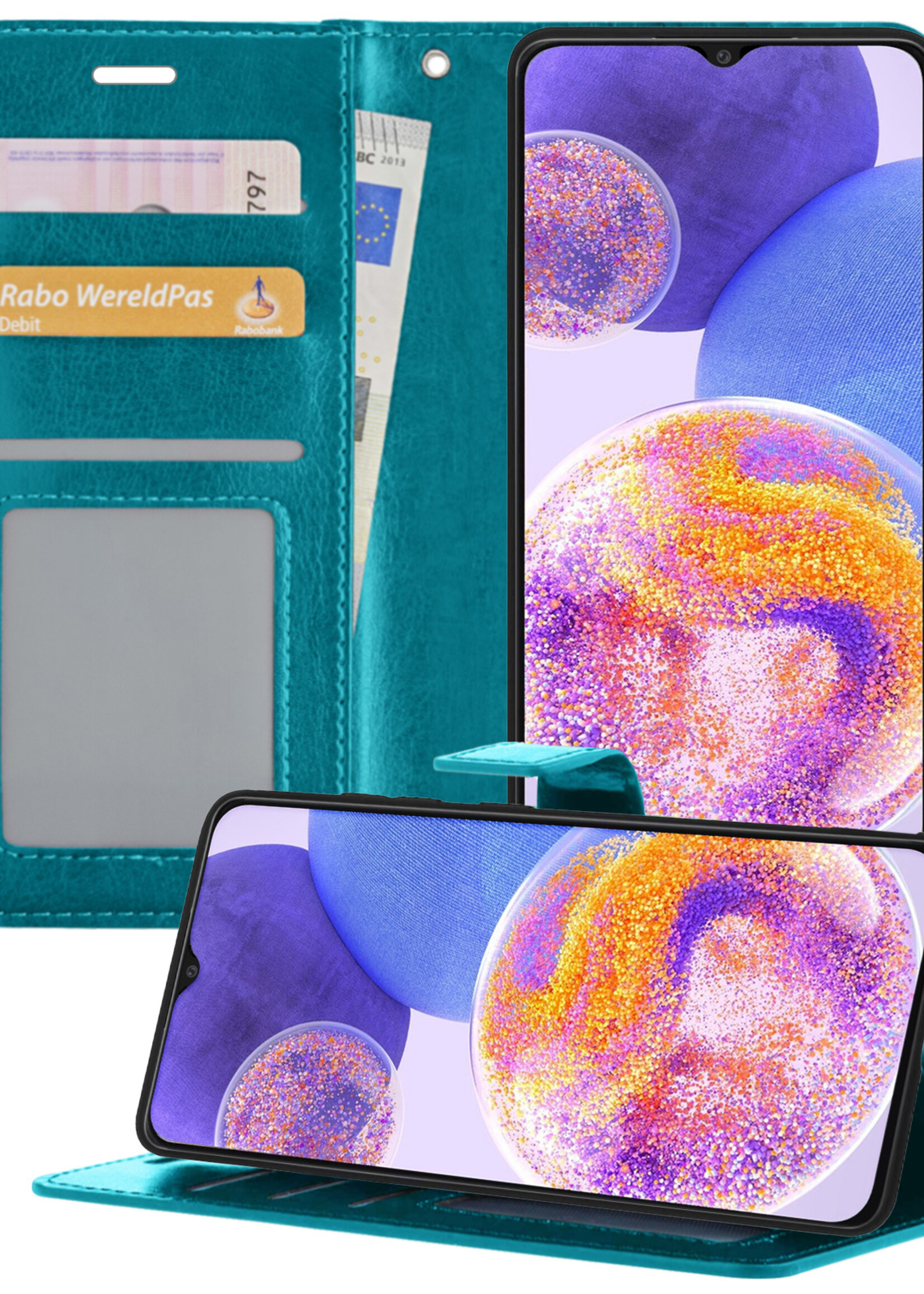 BTH Samsung A23 Hoesje Book Case Hoes Portemonnee Cover Walletcase - Samsung A23 Hoes Bookcase Hoesje - Turquoise
