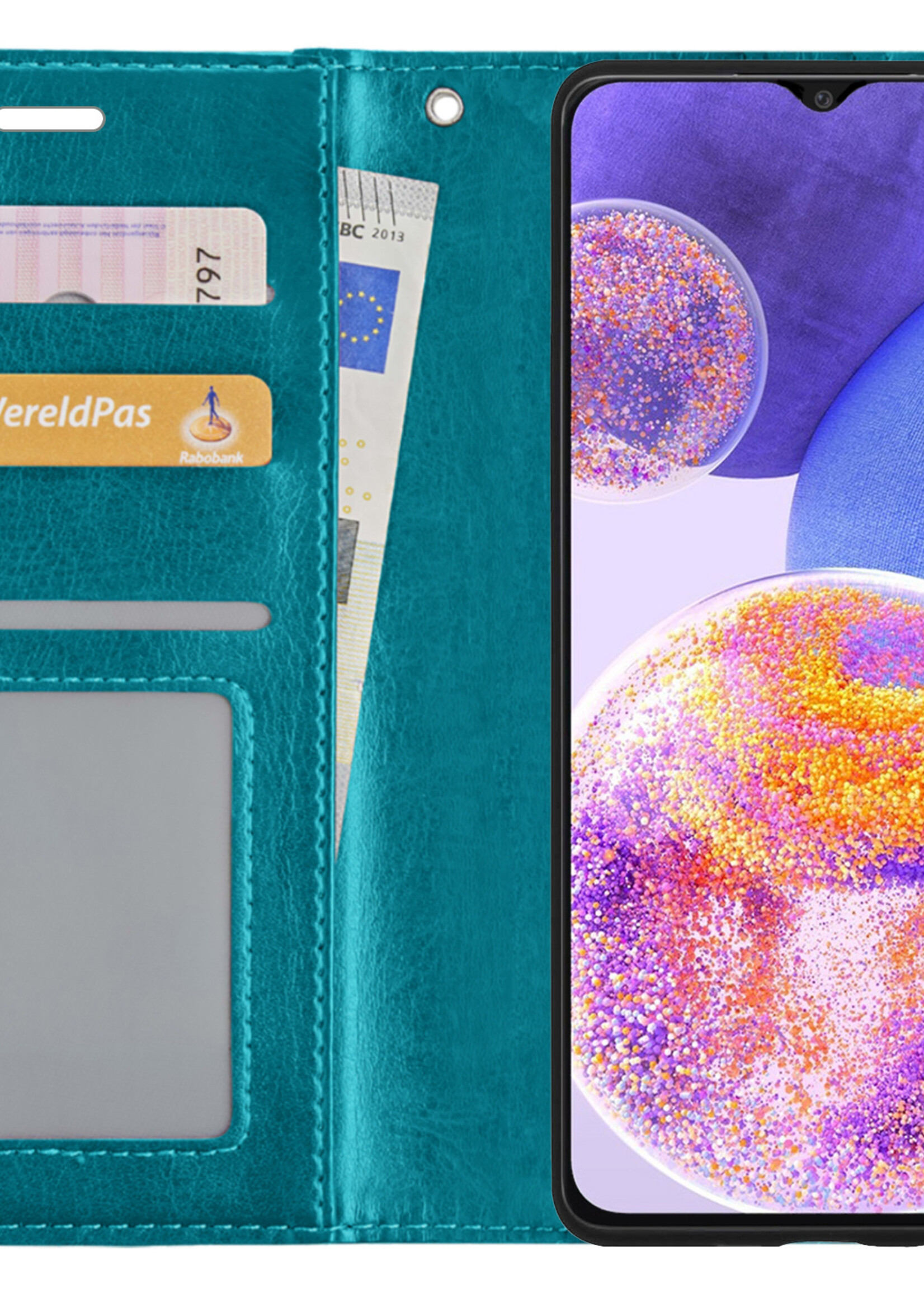 BTH Samsung A23 Hoesje Book Case Hoes Portemonnee Cover Walletcase - Samsung A23 Hoes Bookcase Hoesje - Turquoise