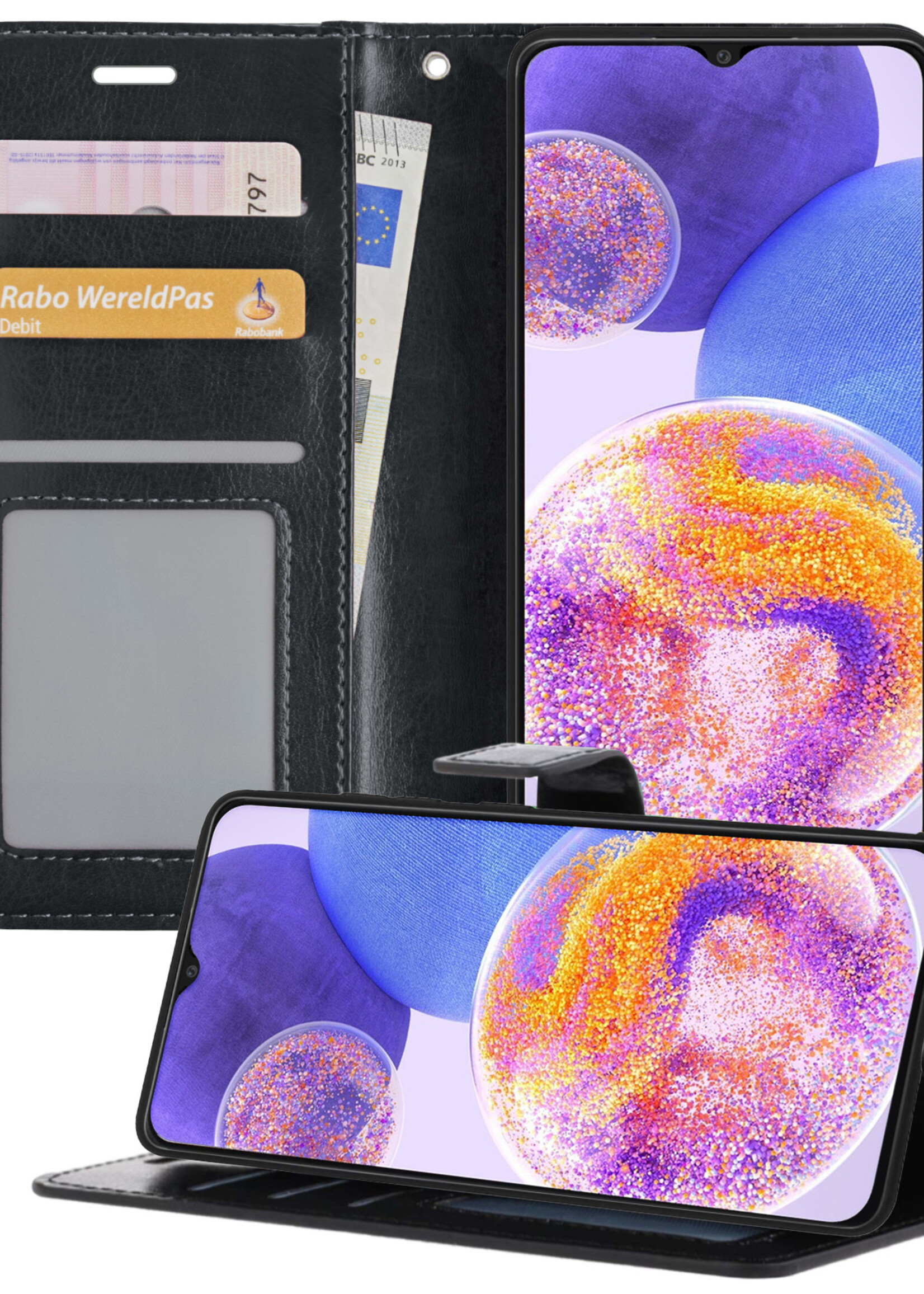 BTH Samsung A23 Hoesje Book Case Hoes Portemonnee Cover Walletcase - Samsung A23 Hoes Bookcase Hoesje - Zwart