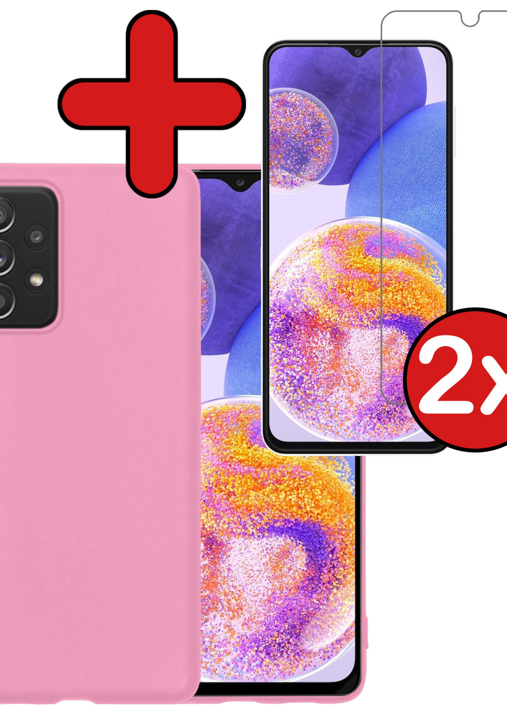 BTH Hoesje Geschikt voor Samsung A23 Hoesje Siliconen Case Hoes Met 2x Screenprotector - Hoes Geschikt voor Samsung Galaxy A23 Hoes Cover Case - Lichtroze