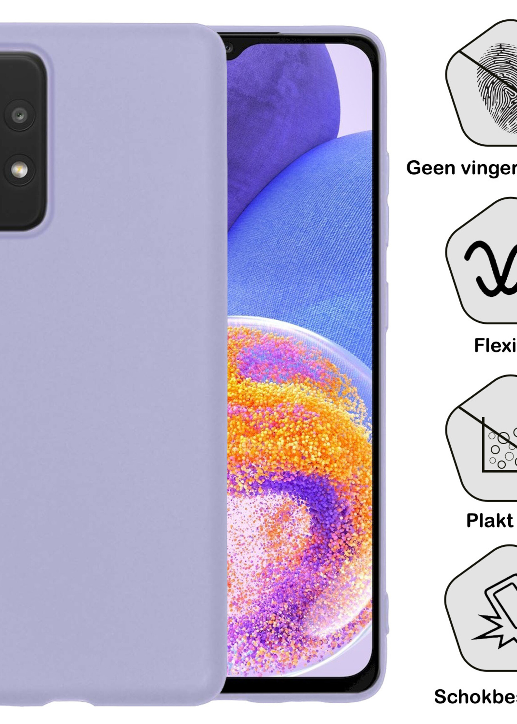 BTH Hoesje Geschikt voor Samsung A23 Hoesje Siliconen Case Hoes Met 2x Screenprotector - Hoes Geschikt voor Samsung Galaxy A23 Hoes Cover Case - Lila