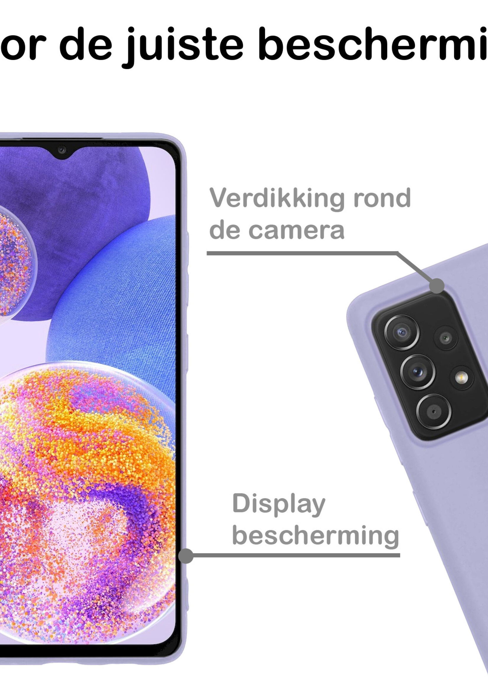 BTH Hoesje Geschikt voor Samsung A23 Hoesje Siliconen Case Hoes Met 2x Screenprotector - Hoes Geschikt voor Samsung Galaxy A23 Hoes Cover Case - Lila