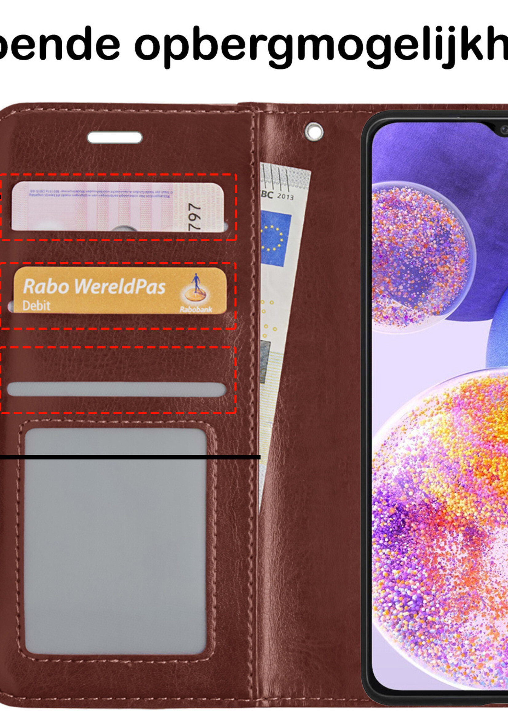 BTH Hoesje Geschikt voor Samsung A23 Hoesje Book Case Hoes Portemonnee Cover Walletcase Met Screenprotector - Hoes Geschikt voor Samsung Galaxy A23 Hoes Bookcase Hoesje - Bruin