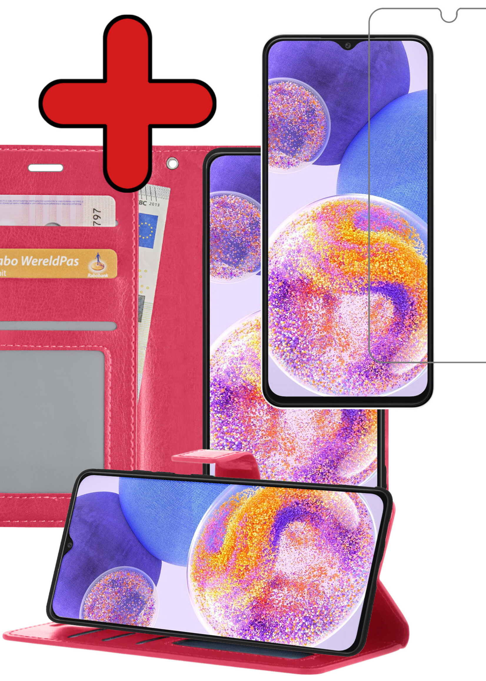 BTH Hoesje Geschikt voor Samsung A23 Hoesje Book Case Hoes Portemonnee Cover Walletcase Met Screenprotector - Hoes Geschikt voor Samsung Galaxy A23 Hoes Bookcase Hoesje - Donkerroze