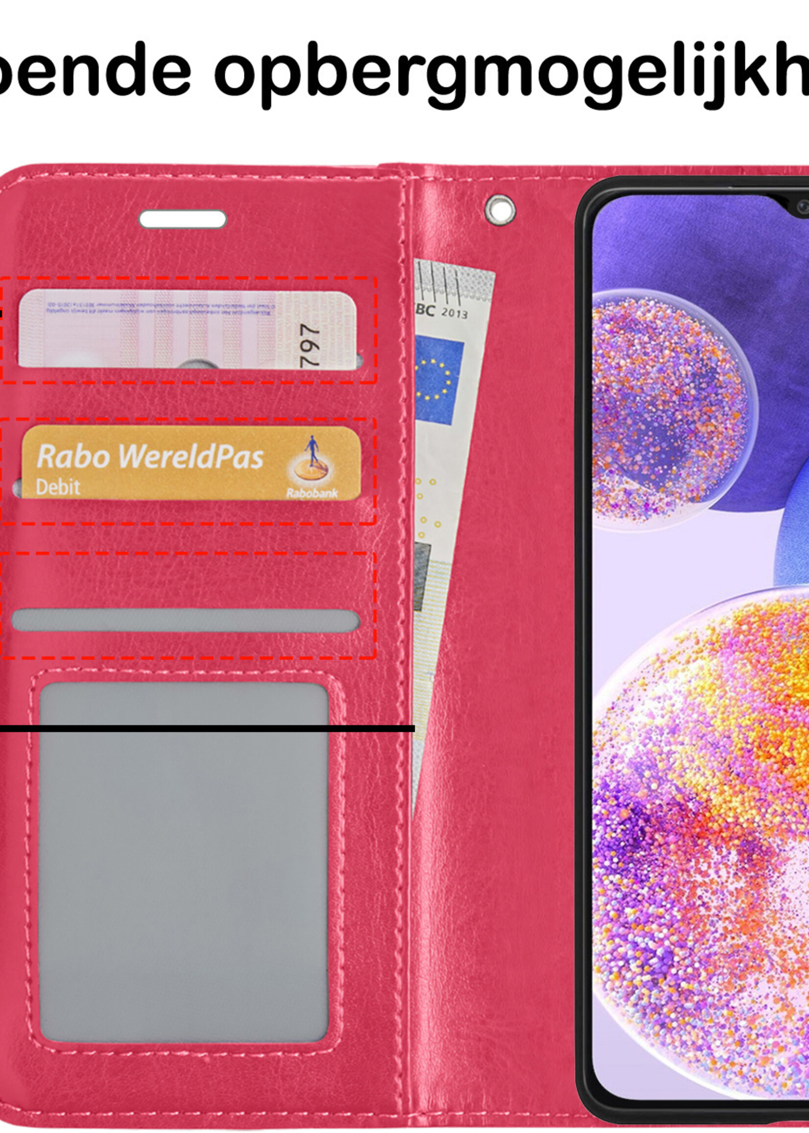 BTH Hoesje Geschikt voor Samsung A23 Hoesje Book Case Hoes Portemonnee Cover Walletcase Met Screenprotector - Hoes Geschikt voor Samsung Galaxy A23 Hoes Bookcase Hoesje - Donkerroze