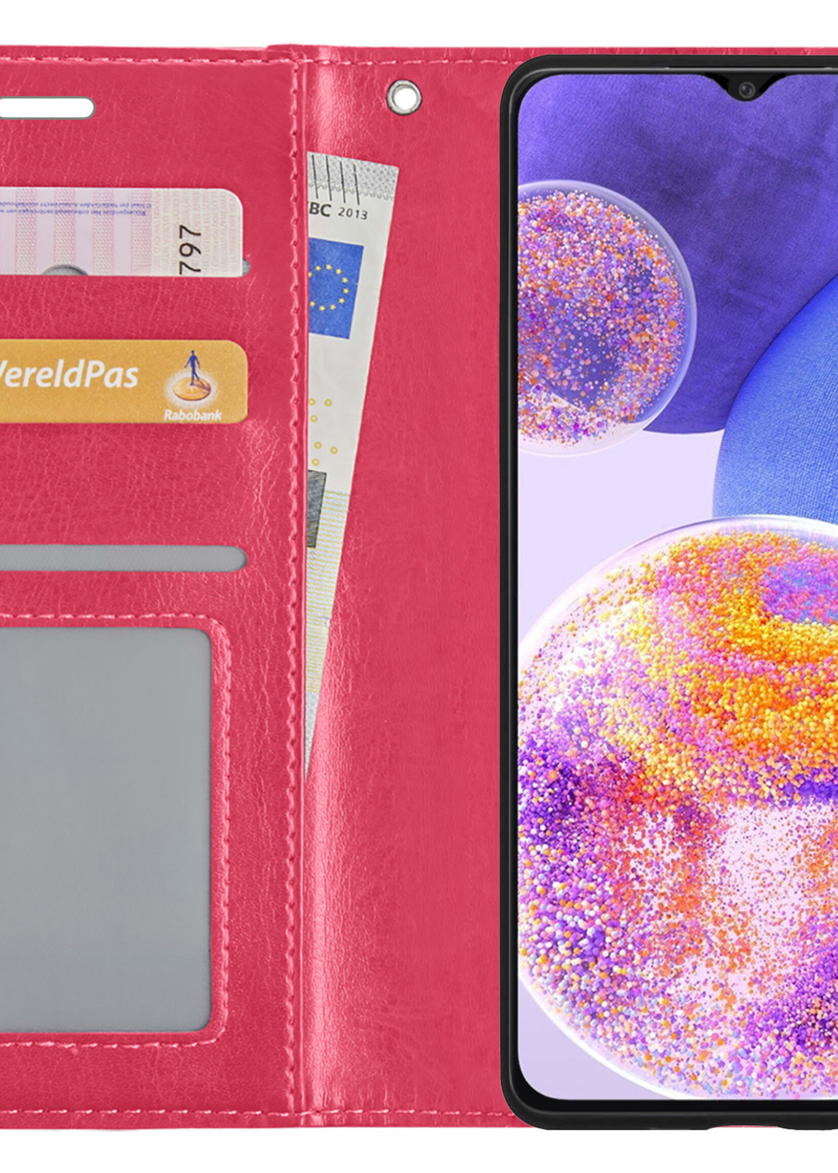 BTH Hoesje Geschikt voor Samsung A23 Hoesje Book Case Hoes Portemonnee Cover Walletcase Met Screenprotector - Hoes Geschikt voor Samsung Galaxy A23 Hoes Bookcase Hoesje - Donkerroze