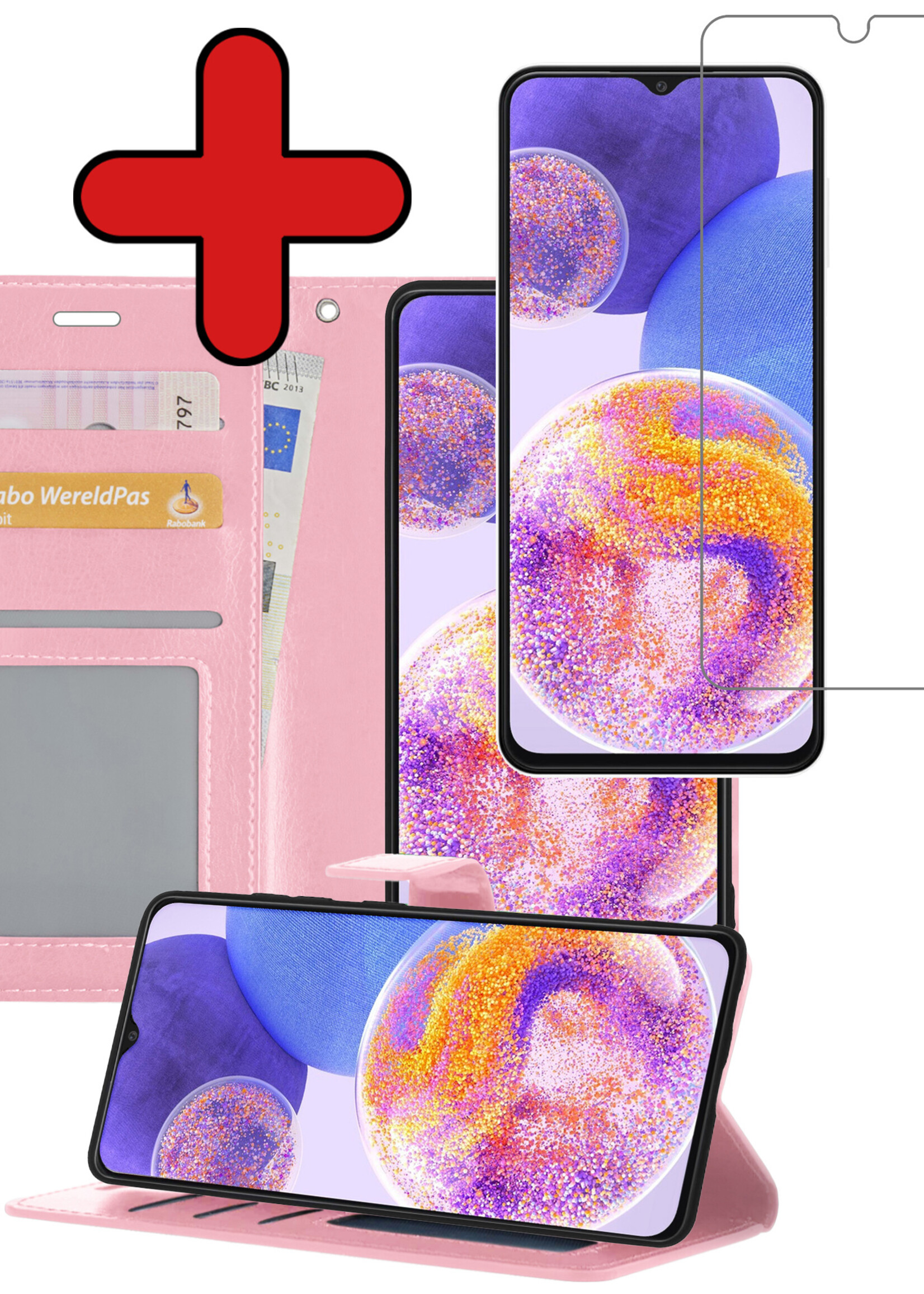 BTH Hoesje Geschikt voor Samsung A23 Hoesje Book Case Hoes Portemonnee Cover Walletcase Met Screenprotector - Hoes Geschikt voor Samsung Galaxy A23 Hoes Bookcase Hoesje - Lichtroze