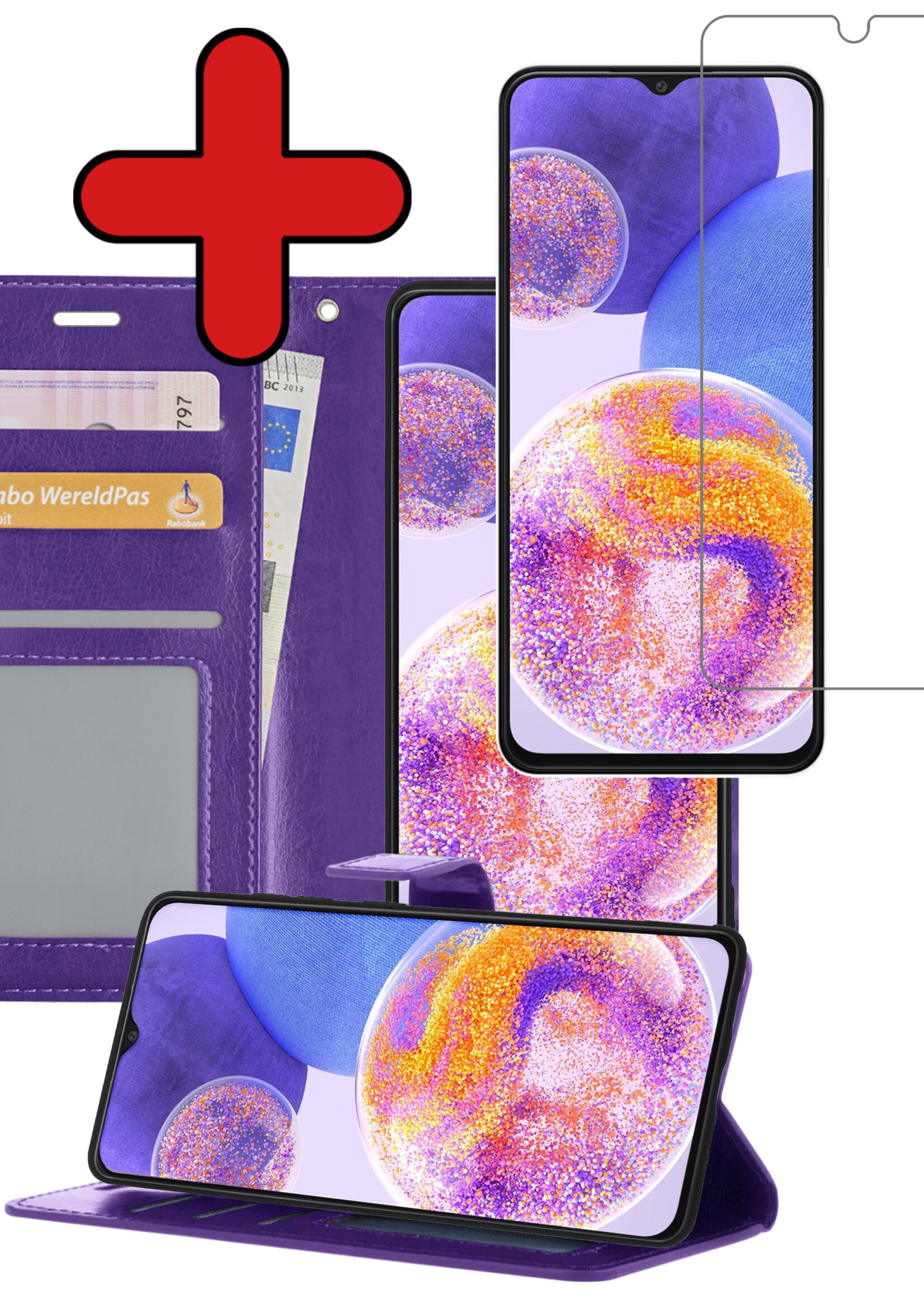 BTH Hoesje Geschikt voor Samsung A23 Hoesje Book Case Hoes Portemonnee Cover Walletcase Met Screenprotector - Hoes Geschikt voor Samsung Galaxy A23 Hoes Bookcase Hoesje - Paars