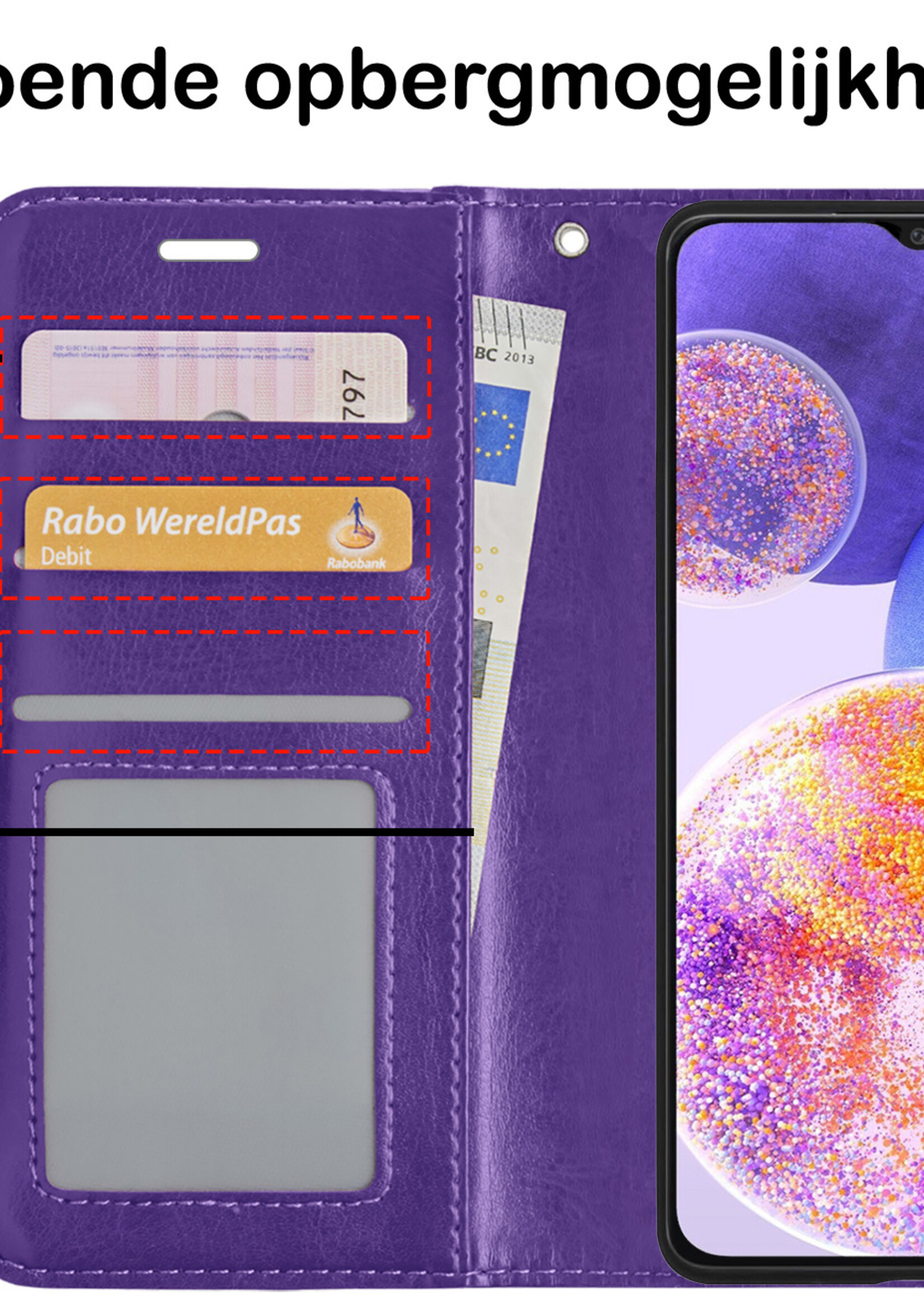BTH Hoesje Geschikt voor Samsung A23 Hoesje Book Case Hoes Portemonnee Cover Walletcase Met Screenprotector - Hoes Geschikt voor Samsung Galaxy A23 Hoes Bookcase Hoesje - Paars
