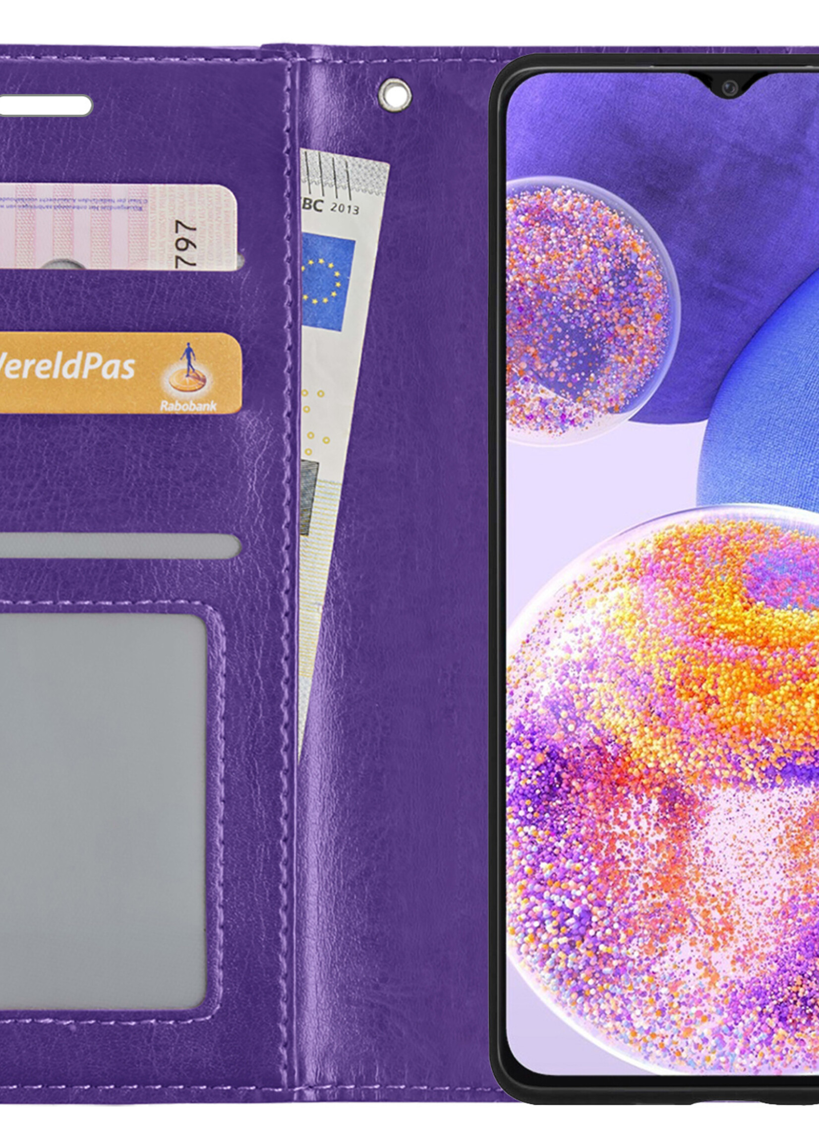 BTH Hoesje Geschikt voor Samsung A23 Hoesje Book Case Hoes Portemonnee Cover Walletcase Met Screenprotector - Hoes Geschikt voor Samsung Galaxy A23 Hoes Bookcase Hoesje - Paars