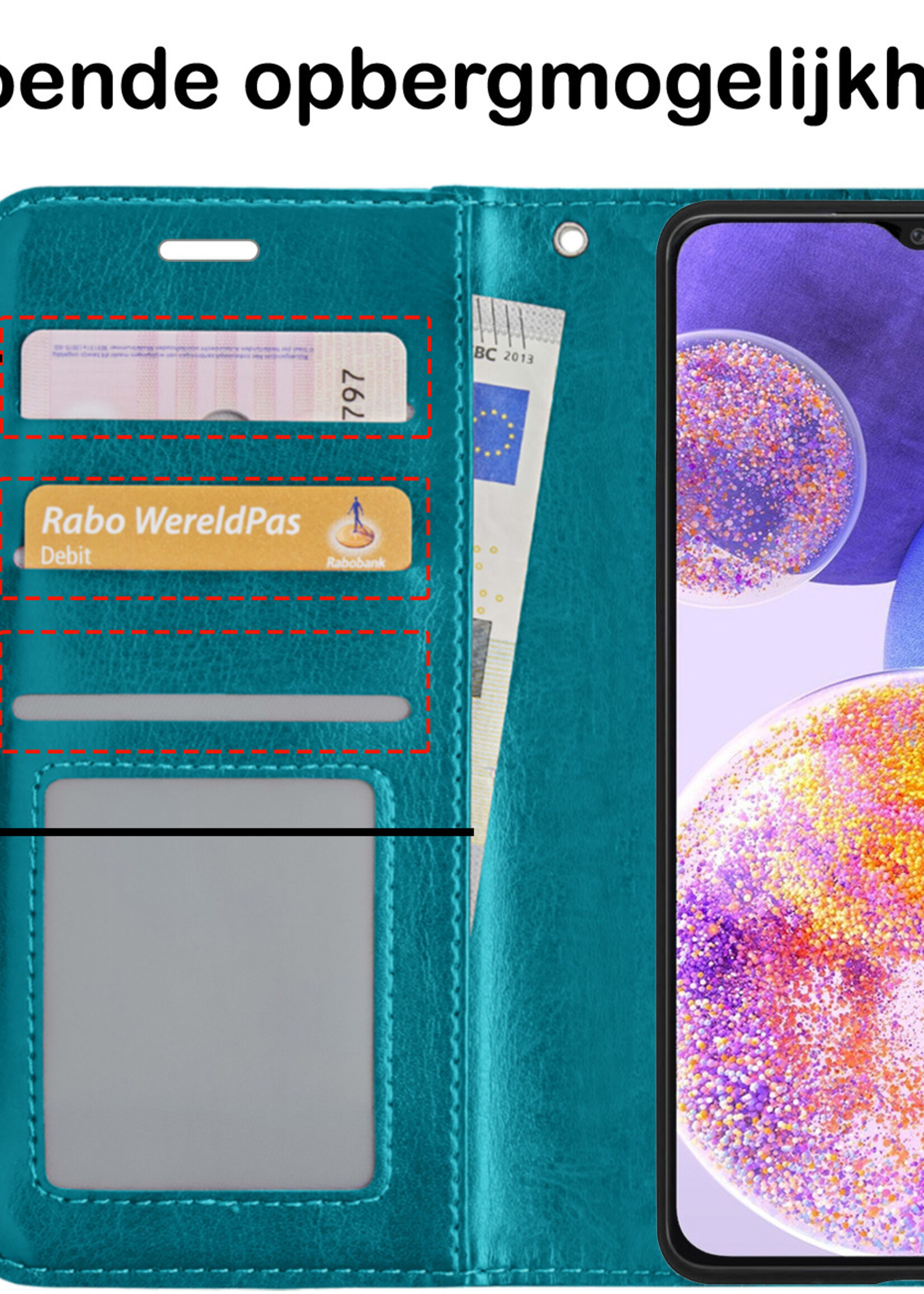 BTH Hoesje Geschikt voor Samsung A23 Hoesje Book Case Hoes Portemonnee Cover Walletcase Met Screenprotector - Hoes Geschikt voor Samsung Galaxy A23 Hoes Bookcase Hoesje - Turquoise