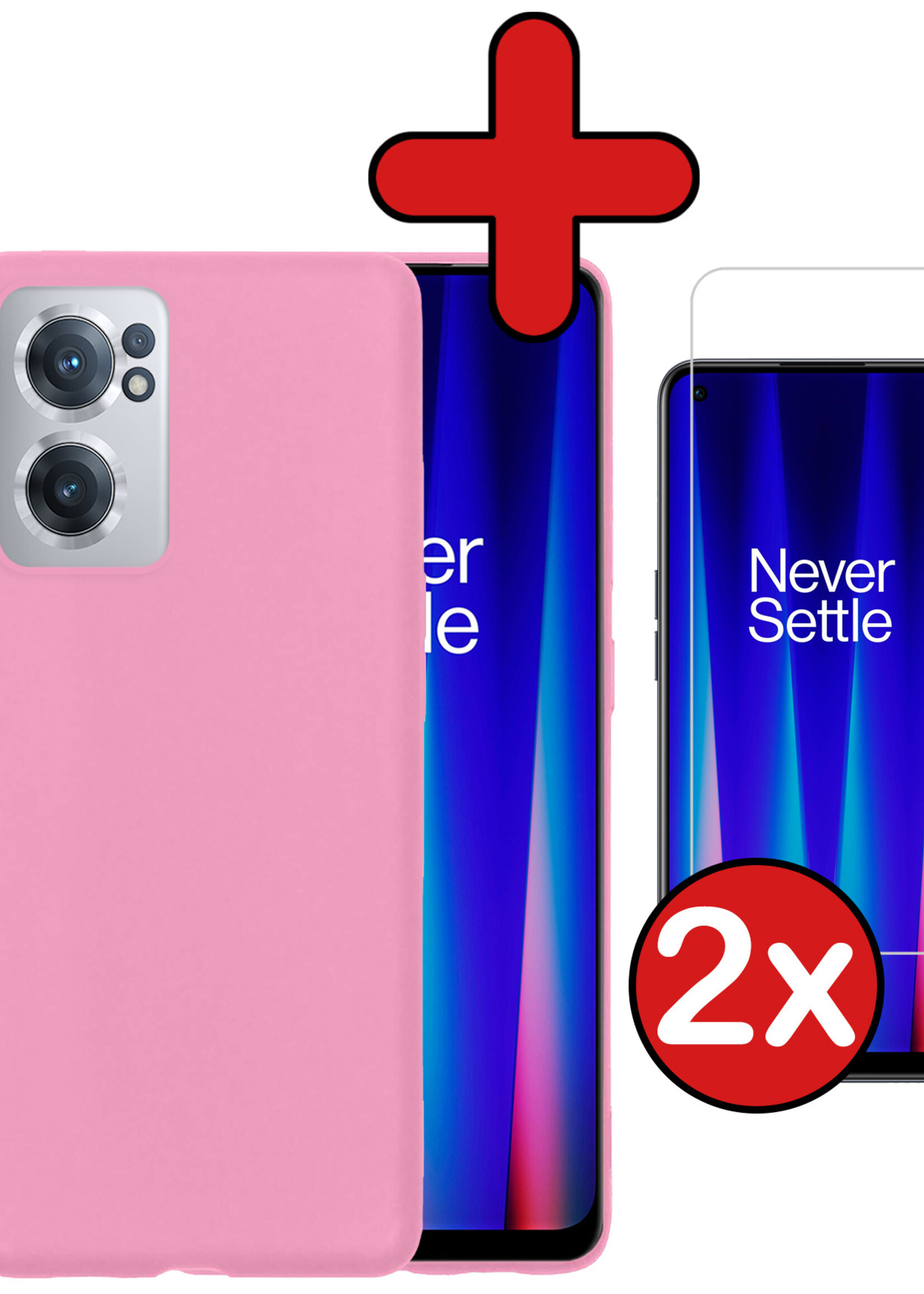 BTH Hoesje Geschikt voor OnePlus Nord CE 2 Hoesje Siliconen Case Hoes Met 2x Screenprotector - Hoes Geschikt voor OnePlus Nord CE 2 Hoes Cover Case - Lichtroze