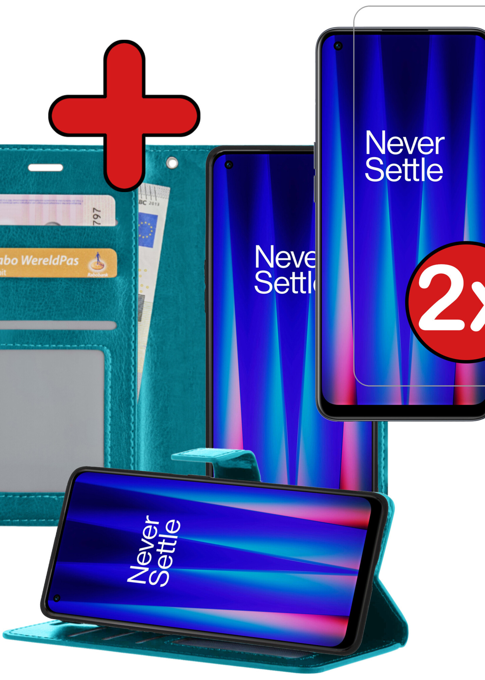 BTH Hoesje Geschikt voor OnePlus Nord CE 2 Hoesje Book Case Hoes Portemonnee Cover Walletcase Met 2x Screenprotector - Hoes Geschikt voor OnePlus Nord CE 2 Hoes Bookcase Hoesje - Turquoise