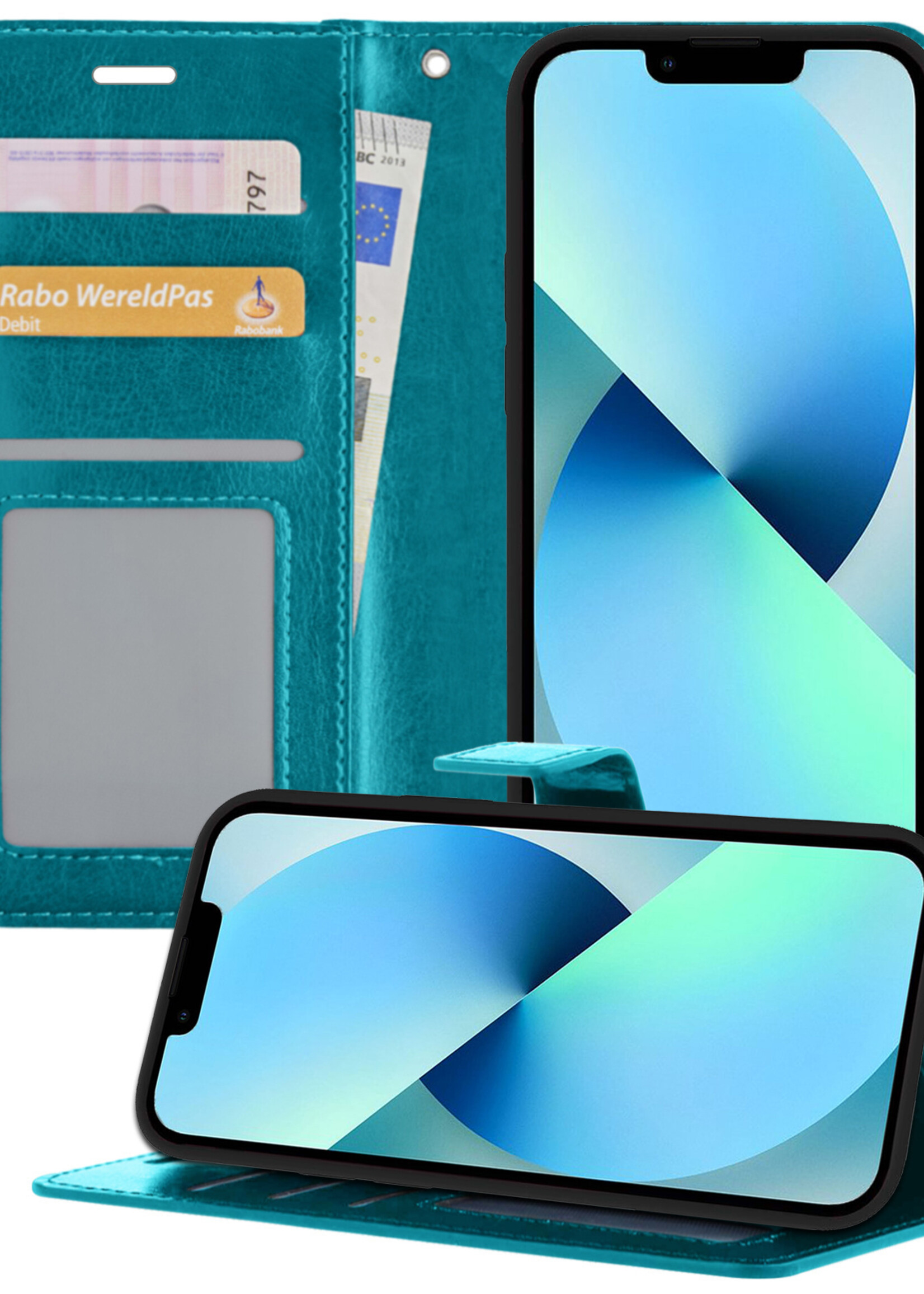 BTH Hoes voor iPhone 14 Hoesje Book Case Hoes Portemonnee Cover Walletcase - Hoes voor iPhone 14 Hoes Bookcase Hoesje - Turquoise