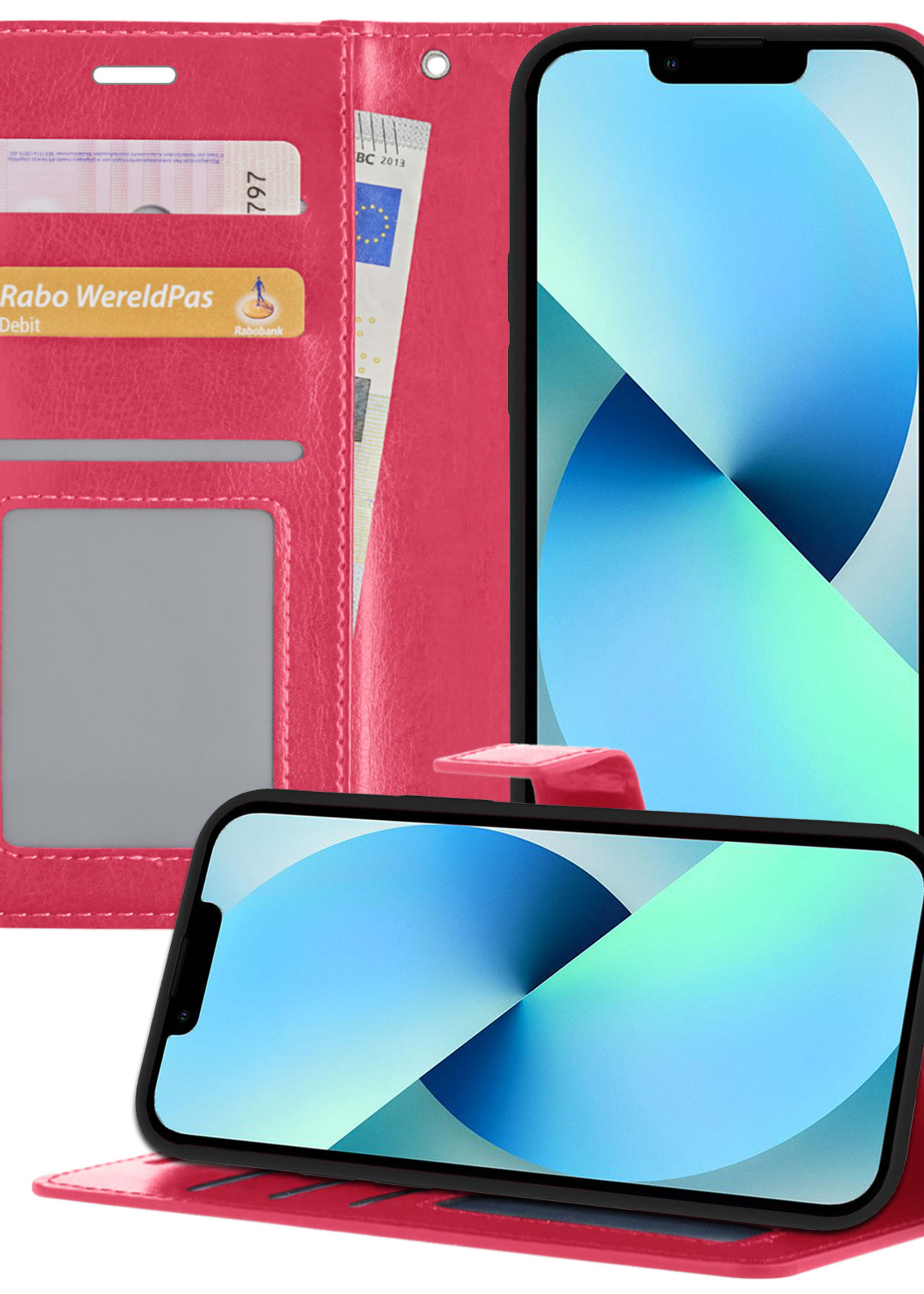 BTH Hoes voor iPhone 14 Pro Max Hoesje Book Case Hoes Portemonnee Cover Walletcase - Hoes voor iPhone 14 Pro Max Hoes Bookcase Hoesje - Donkerroze