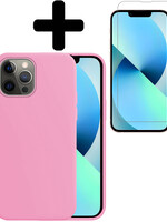 BTH BTH iPhone 14 Pro Hoesje Siliconen Met Screenprotector Met Dichte Notch - Lichtroze