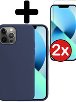 BTH BTH iPhone 14 Pro Hoesje Siliconen Met 2x Screenprotector Met Dichte Notch - Donkerblauw