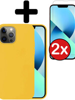 BTH BTH iPhone 14 Pro Hoesje Siliconen Met 2x Screenprotector Met Dichte Notch - Geel