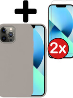 BTH BTH iPhone 14 Pro Hoesje Siliconen Met 2x Screenprotector Met Dichte Notch - Grijs