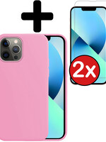 BTH BTH iPhone 14 Pro Hoesje Siliconen Met 2x Screenprotector Met Dichte Notch - Lichtroze