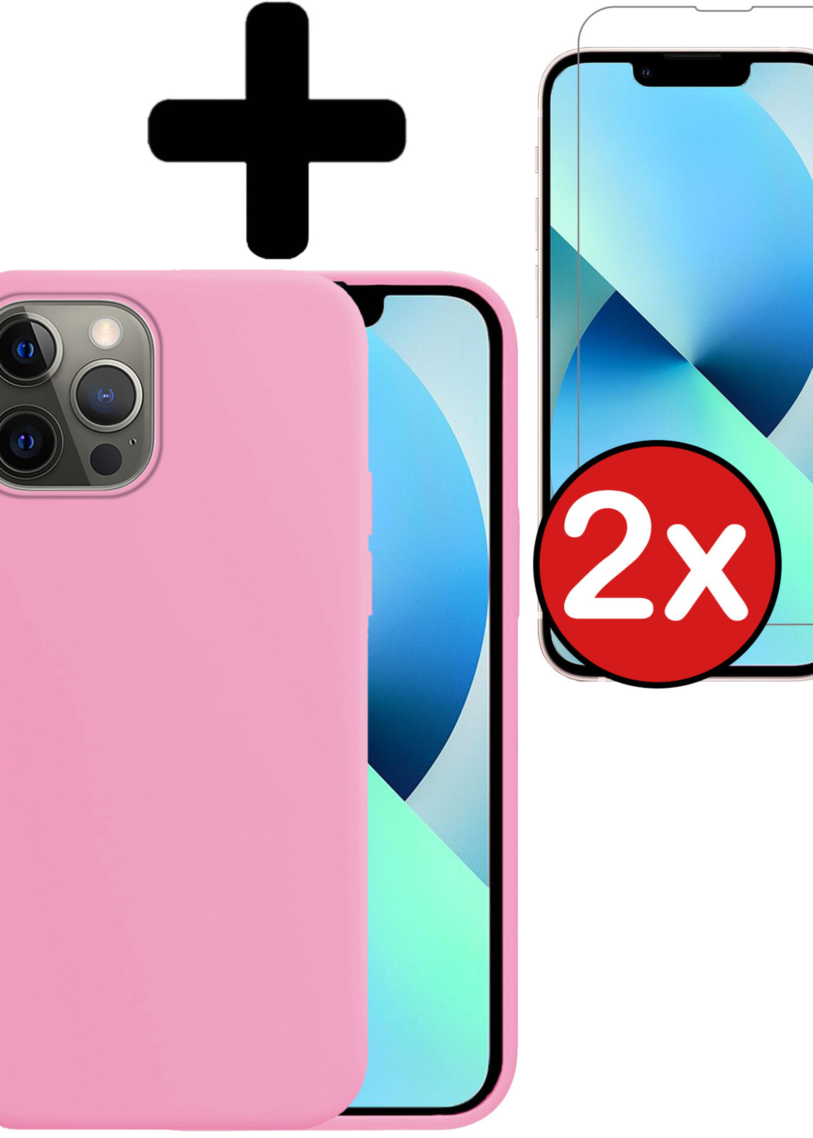 BTH Hoesje Geschikt voor iPhone 14 Pro Hoesje Siliconen Case Hoes Met 2x Screenprotector - Hoes Geschikt voor iPhone 14 Pro Hoes Cover Case - Lichtroze