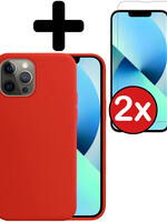 BTH BTH iPhone 14 Pro Hoesje Siliconen Met 2x Screenprotector Met Dichte Notch - Rood