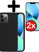 BTH BTH iPhone 14 Pro Hoesje Siliconen Met 2x Screenprotector Met Dichte Notch - Zwart