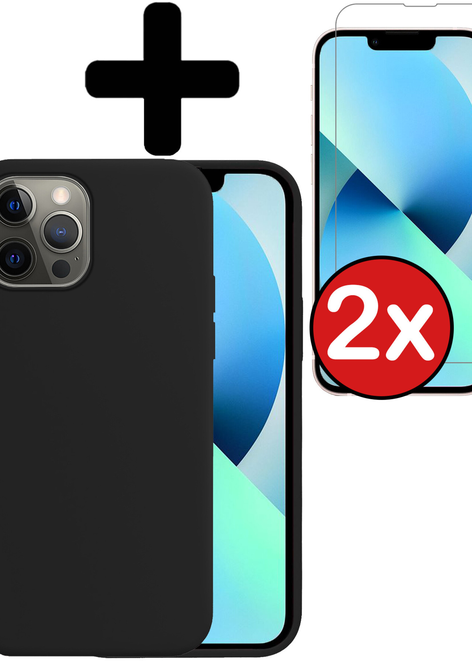 BTH Hoesje Geschikt voor iPhone 14 Pro Hoesje Siliconen Case Hoes Met 2x Screenprotector - Hoes Geschikt voor iPhone 14 Pro Hoes Cover Case - Zwart